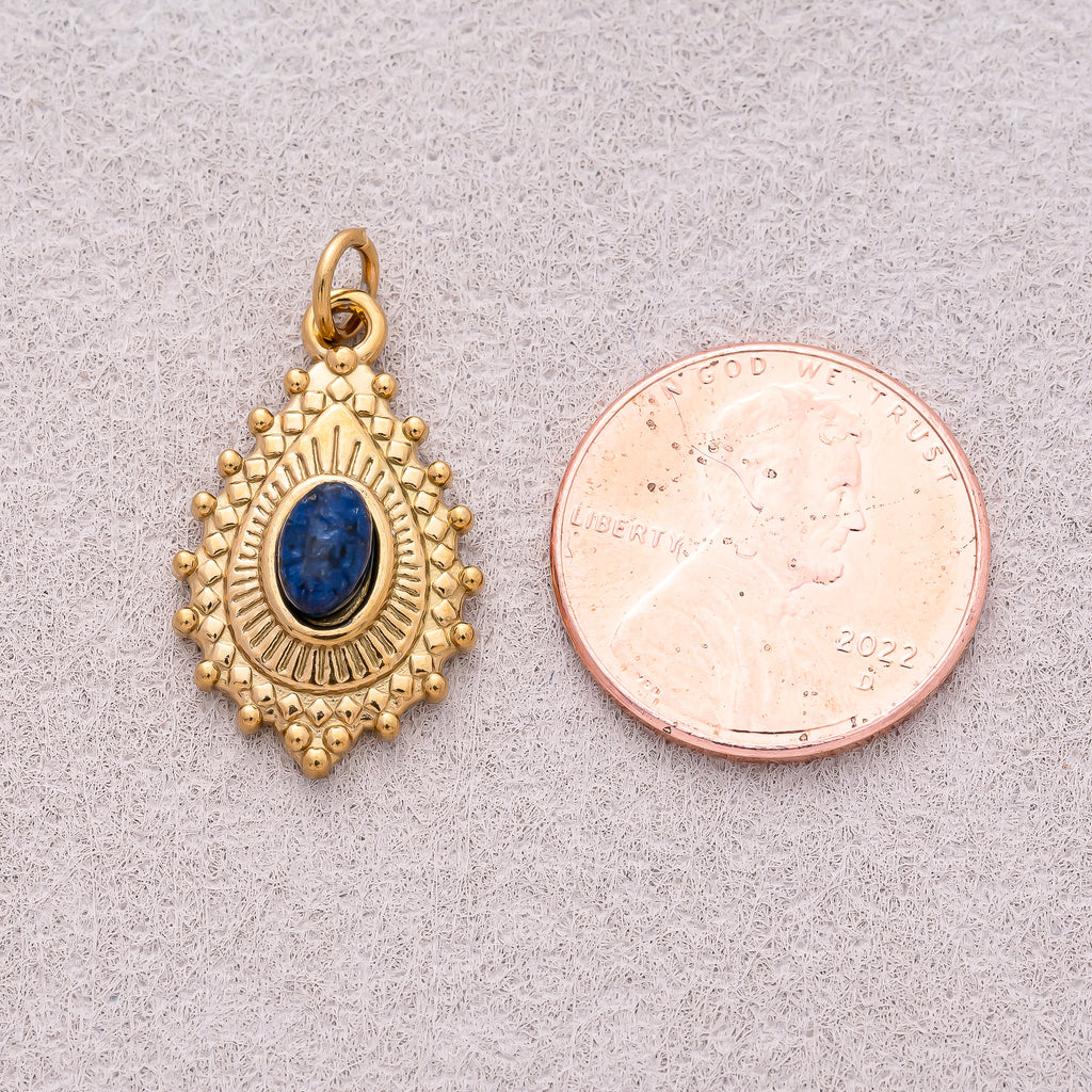 Gold PVD Stainless Steel Sapphire & Olive Oval Vintage Teardrop Sunrays Natural Gemstone Charm