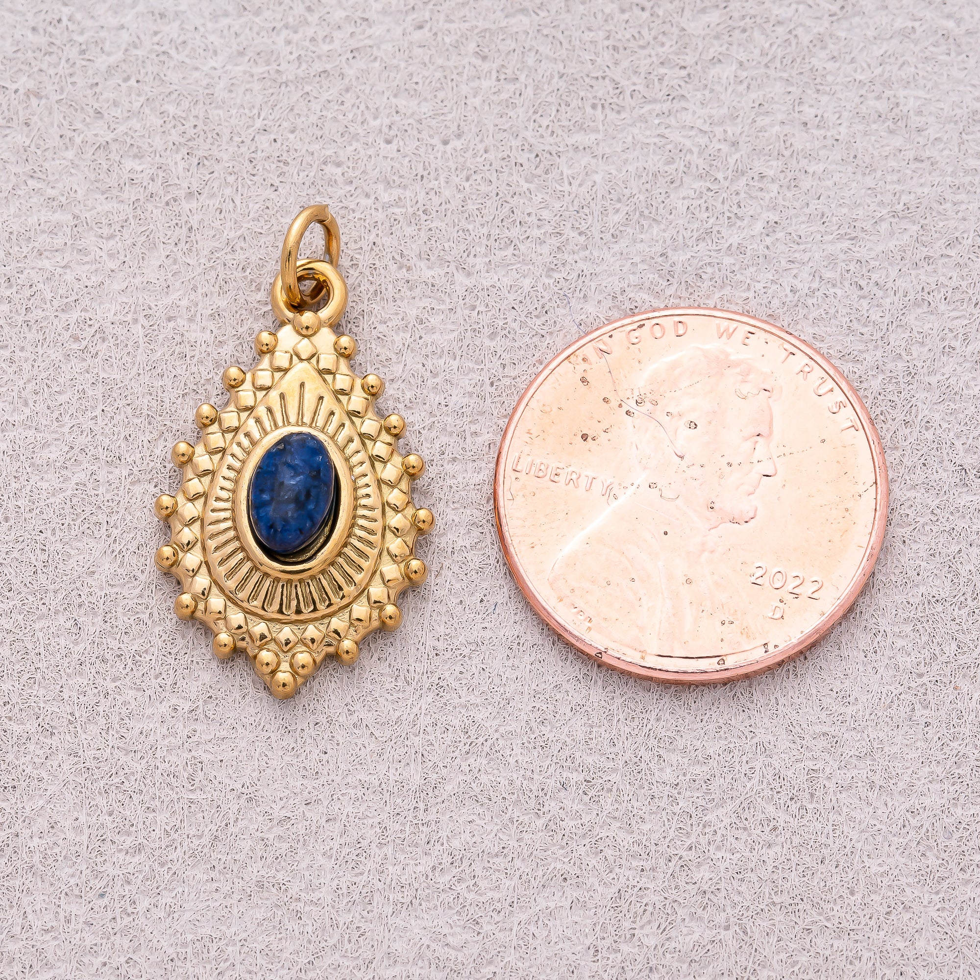 Gold PVD Stainless Steel Sapphire & Olive Oval Vintage Teardrop Sunrays Natural Gemstone Charm