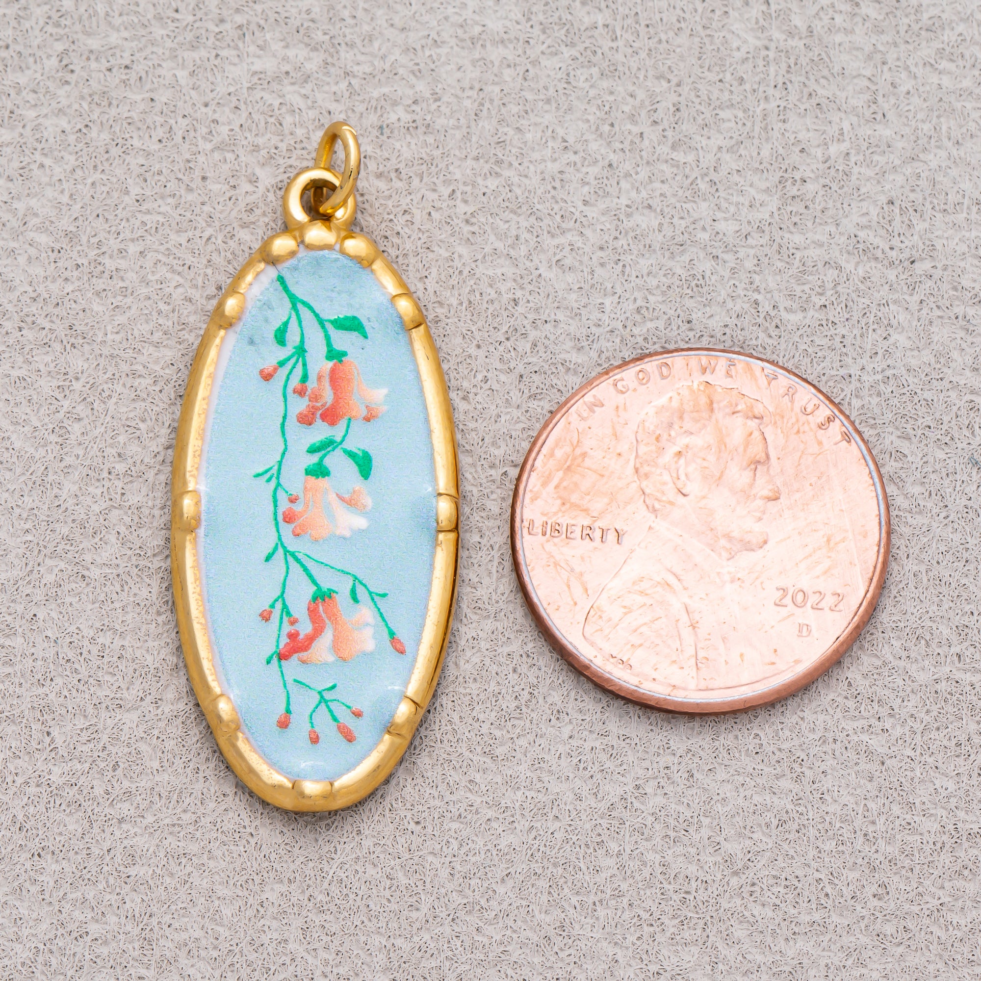 Gold PVD Stainless Steel Hand-Painted Colorful Vintage Oval Artistic Botanical Charm