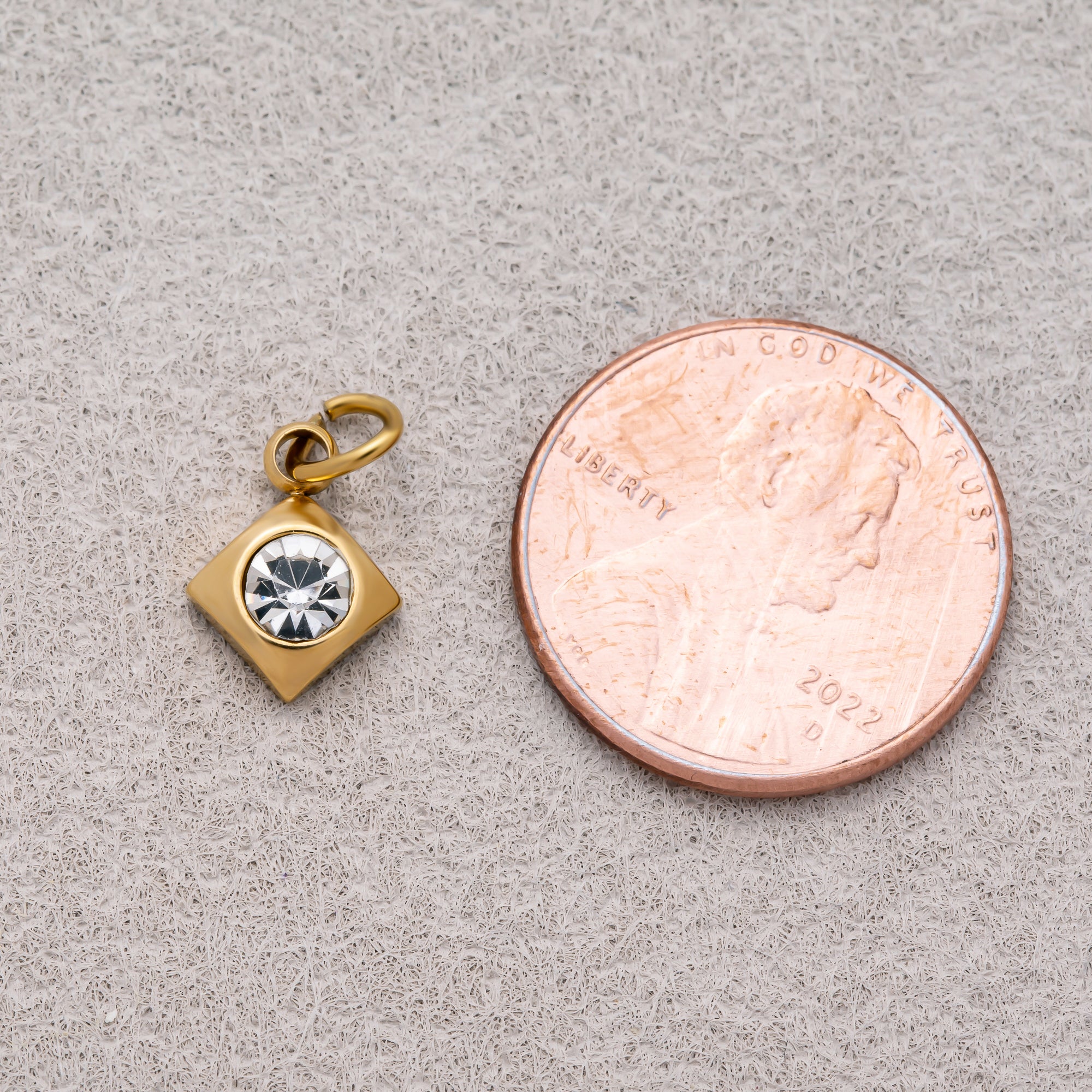Gold PVD Stainless Steel Round CZ Tiny Bezel Cut Rhombus Charm