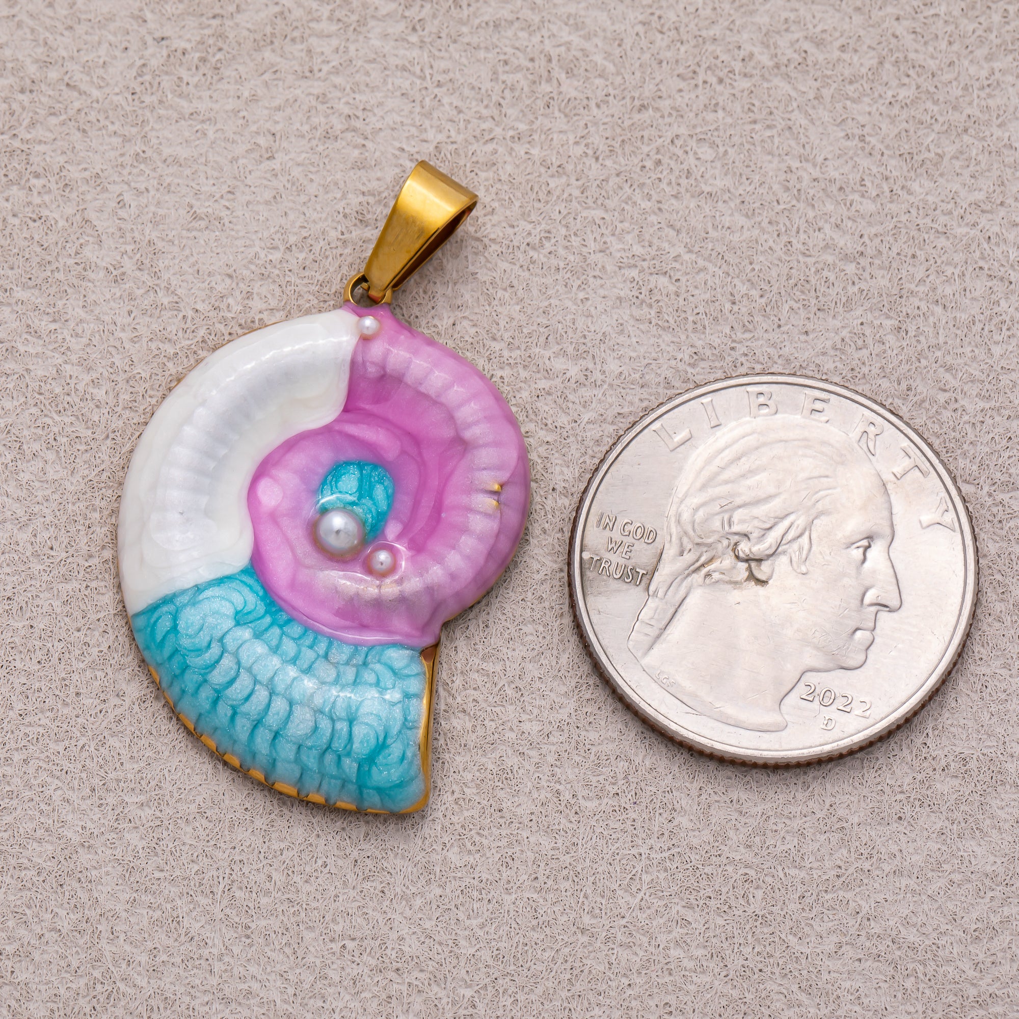 Gold PVD Stainless Steel Blue & Purple Enamel Art Nautical Ammonite Shell Pendant