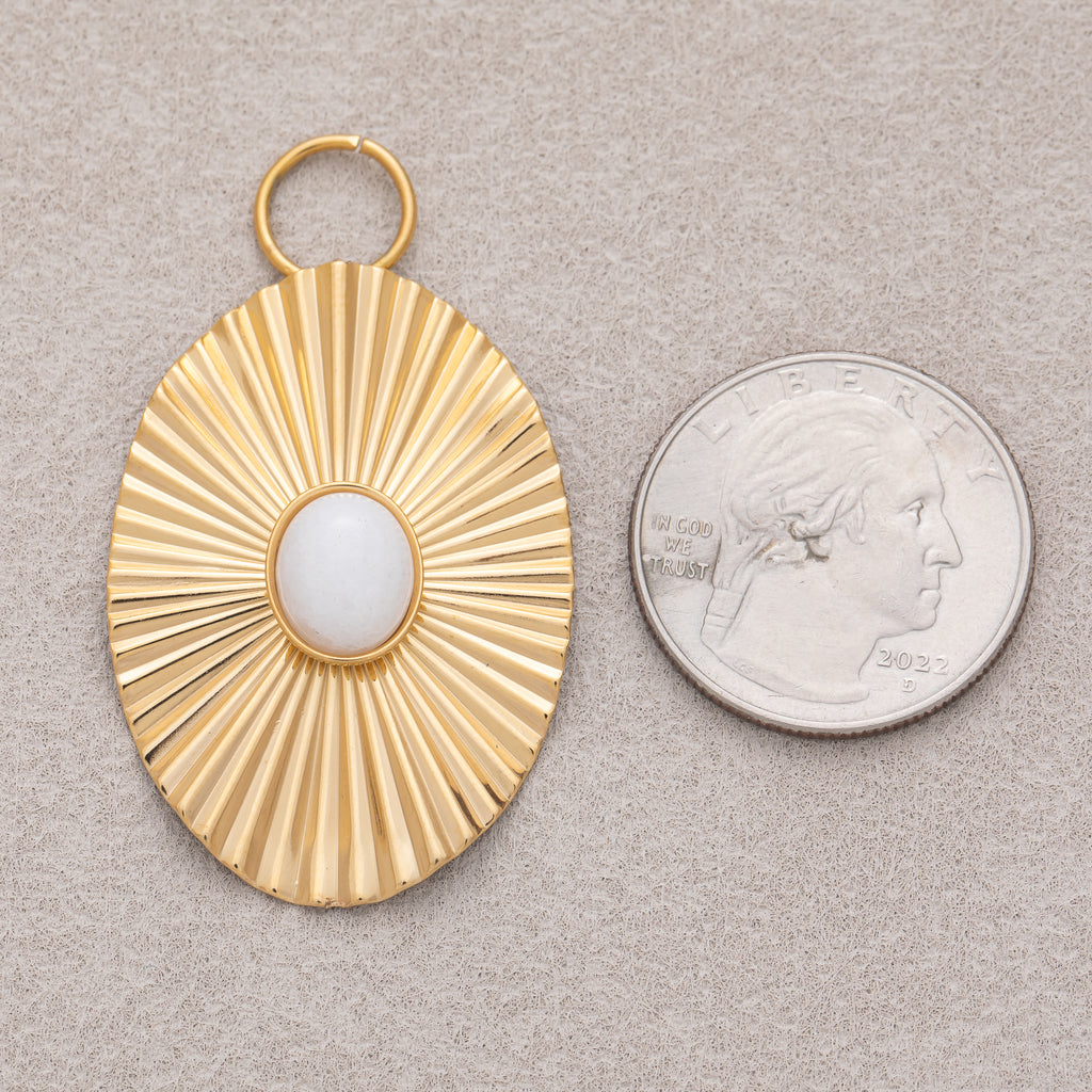 Gold PVD Stainless Steel White Quartz Oval Sunburst Pendant