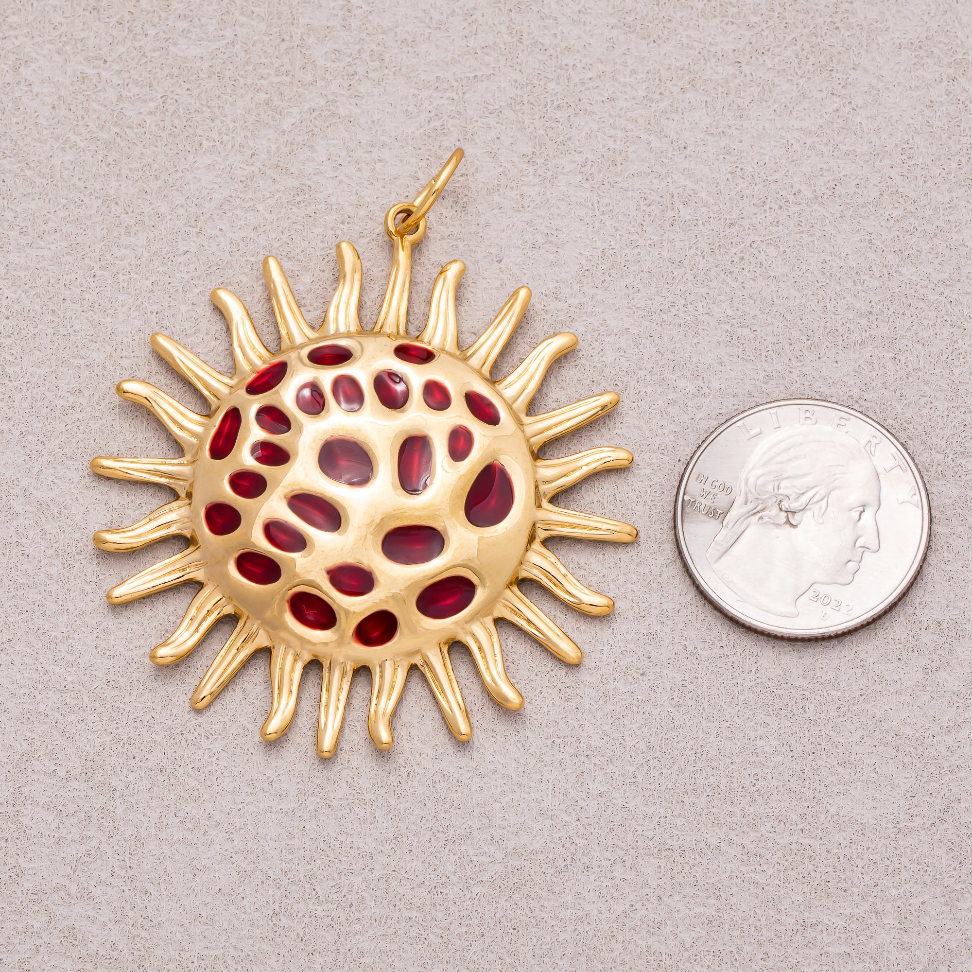 Gold PVD Stainless Steel Green Red Radiant Sunburst Enamel Pendant