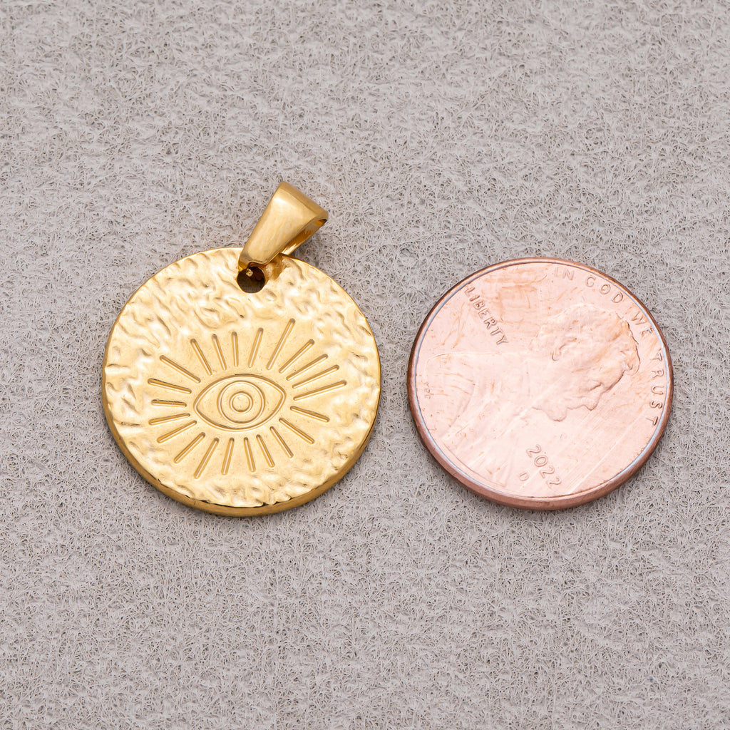 Gold PVD Stainless Steel Evil Eye Textured Medallion Pendant