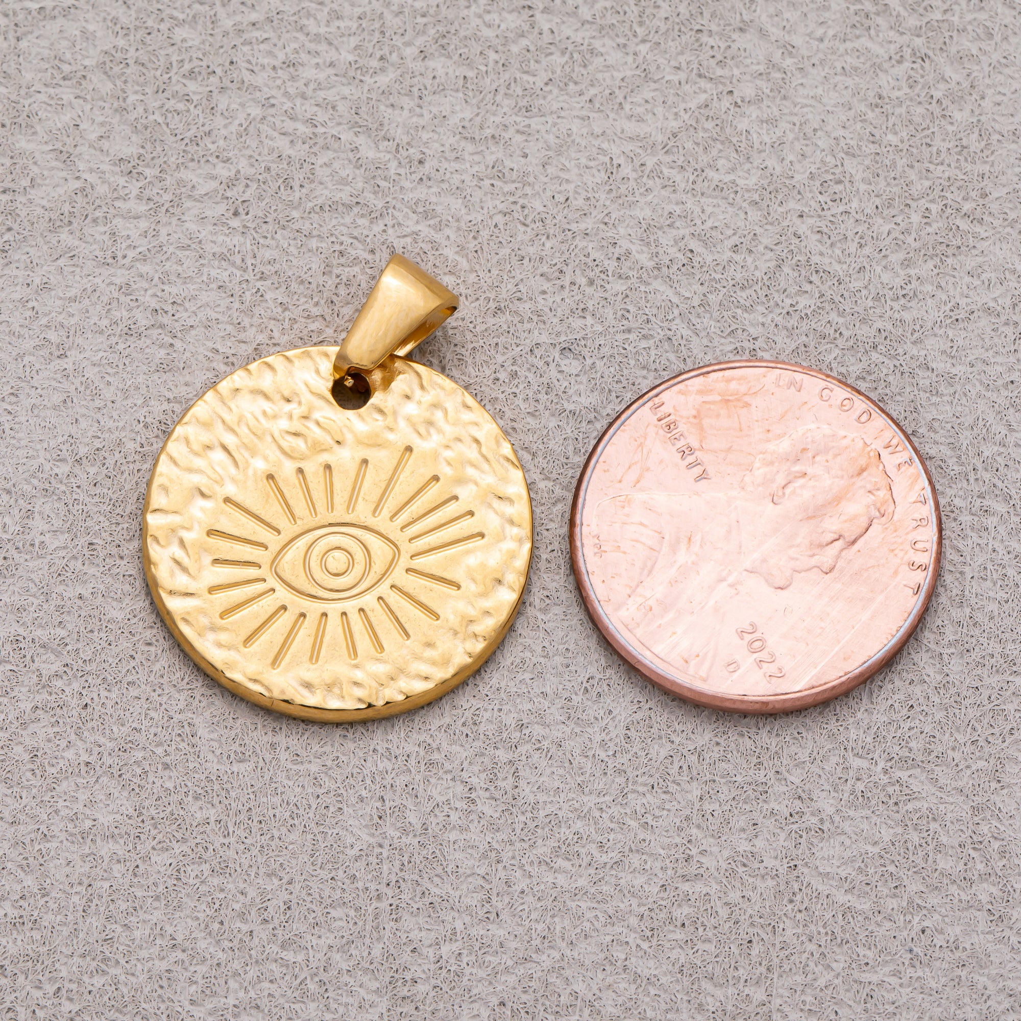Gold PVD Stainless Steel Evil Eye Textured Medallion Pendant