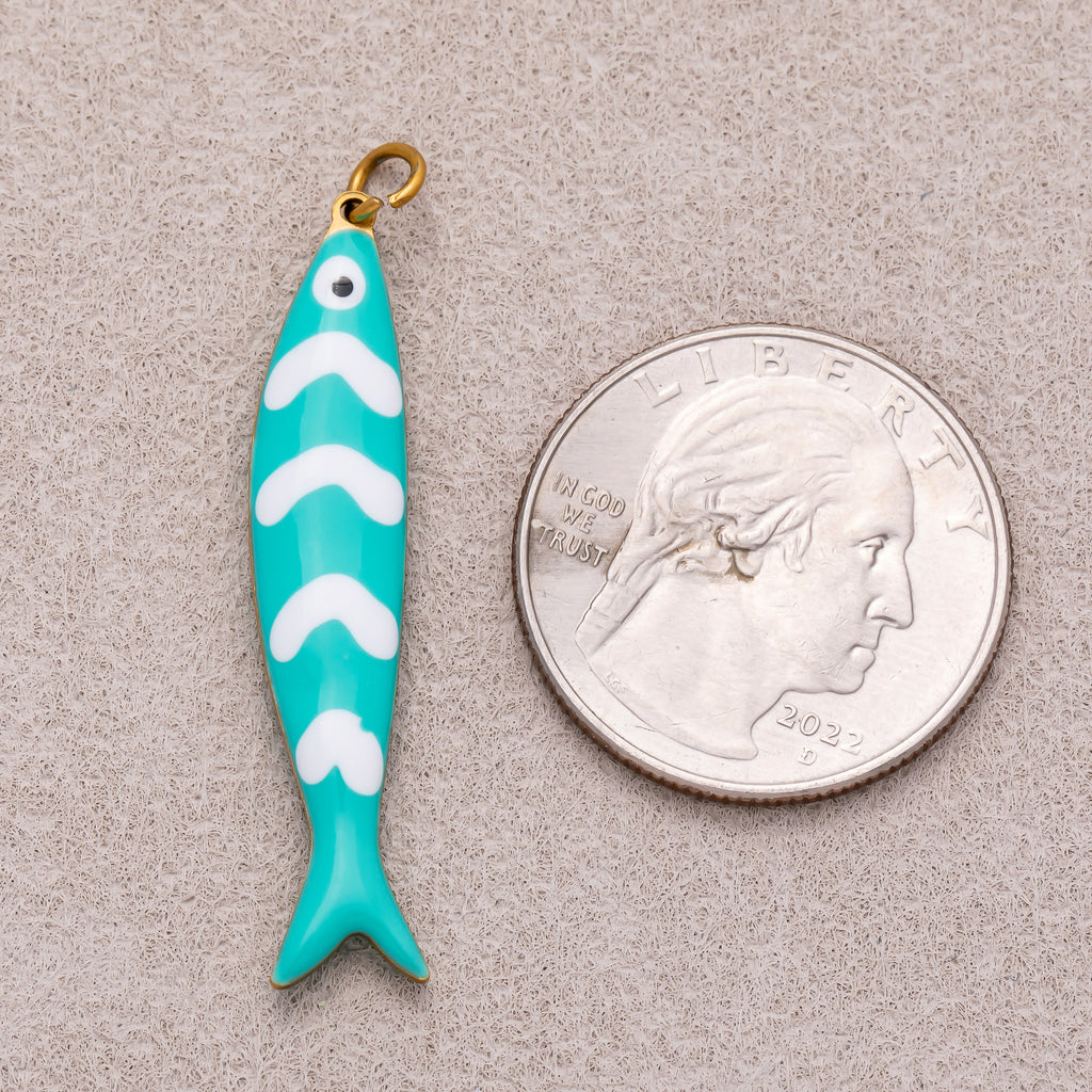 Gold PVD Stainless Steel Pink, Blue White-Lined Fish Sea 3D Multidimensional Charm