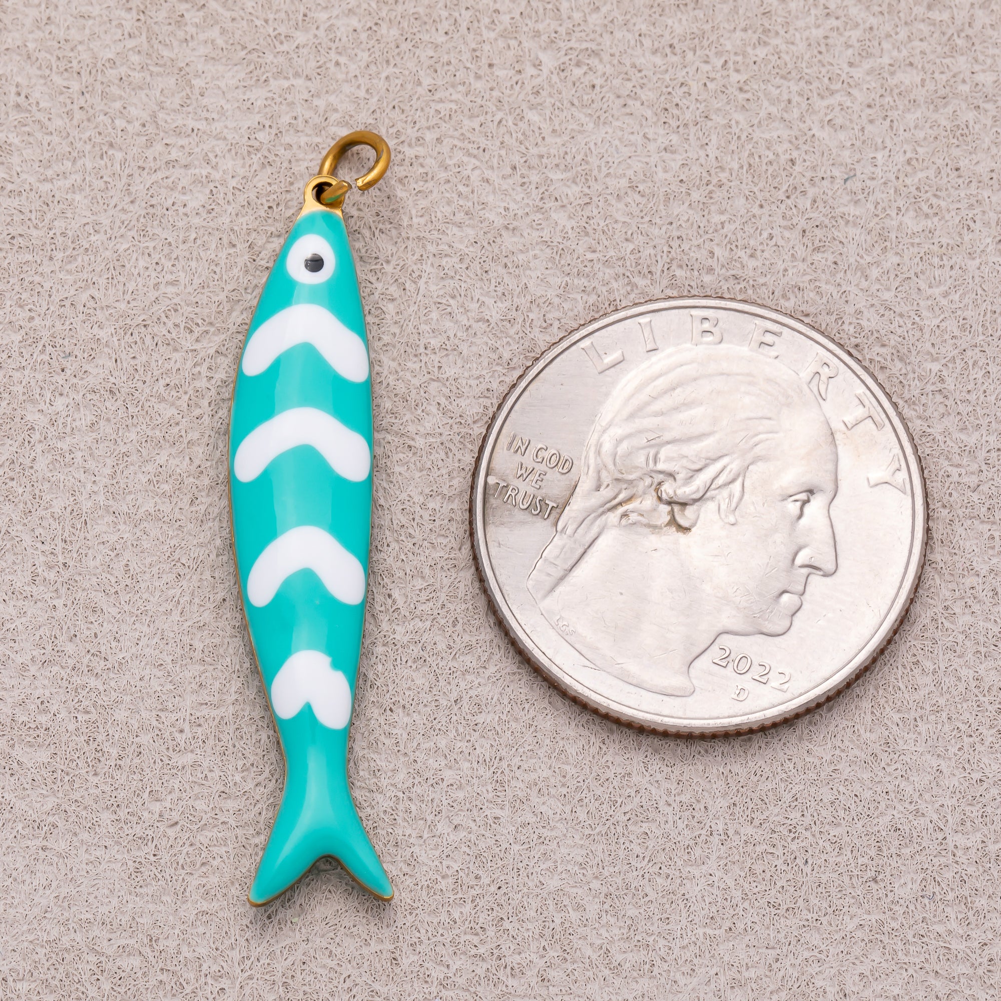 Gold PVD Stainless Steel Pink, Blue White-Lined Fish Sea 3D Multidimensional Charm