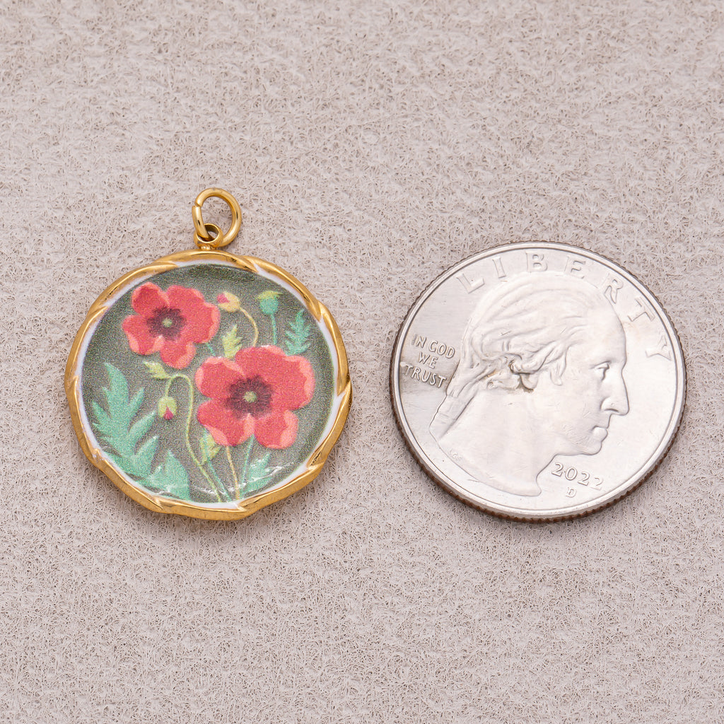 Gold PVD Stainless Steel Hand-Painted Red Poppy Flower Round Charm