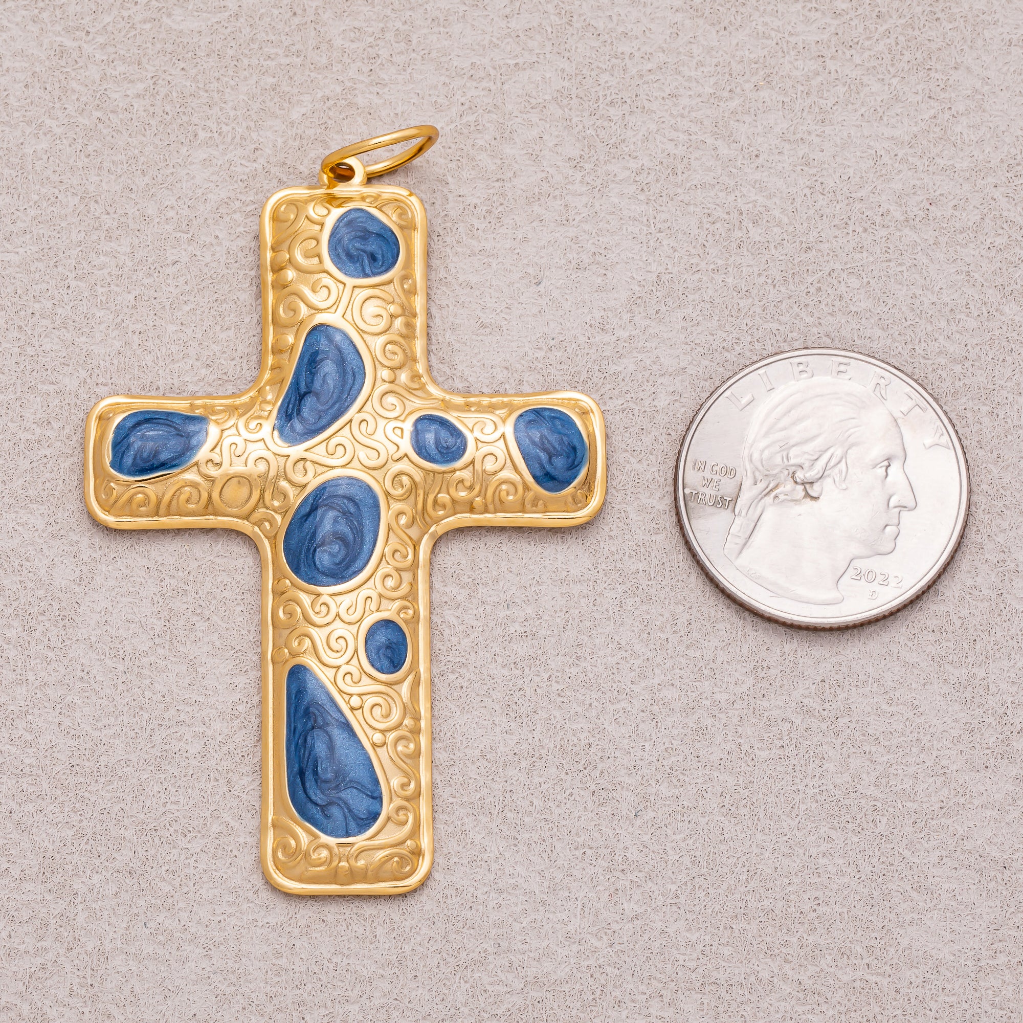 Gold PVD Stainless Steel Blue Enamel Patterned Religious Cross Charm