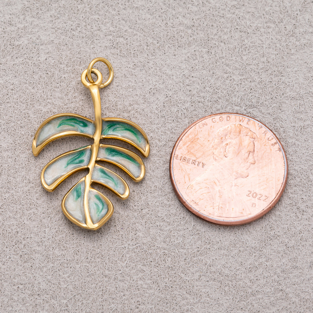 Gold PVD Stainless Steel Green Enamel Tropical Palm Tree Leaf Monstera Charm
