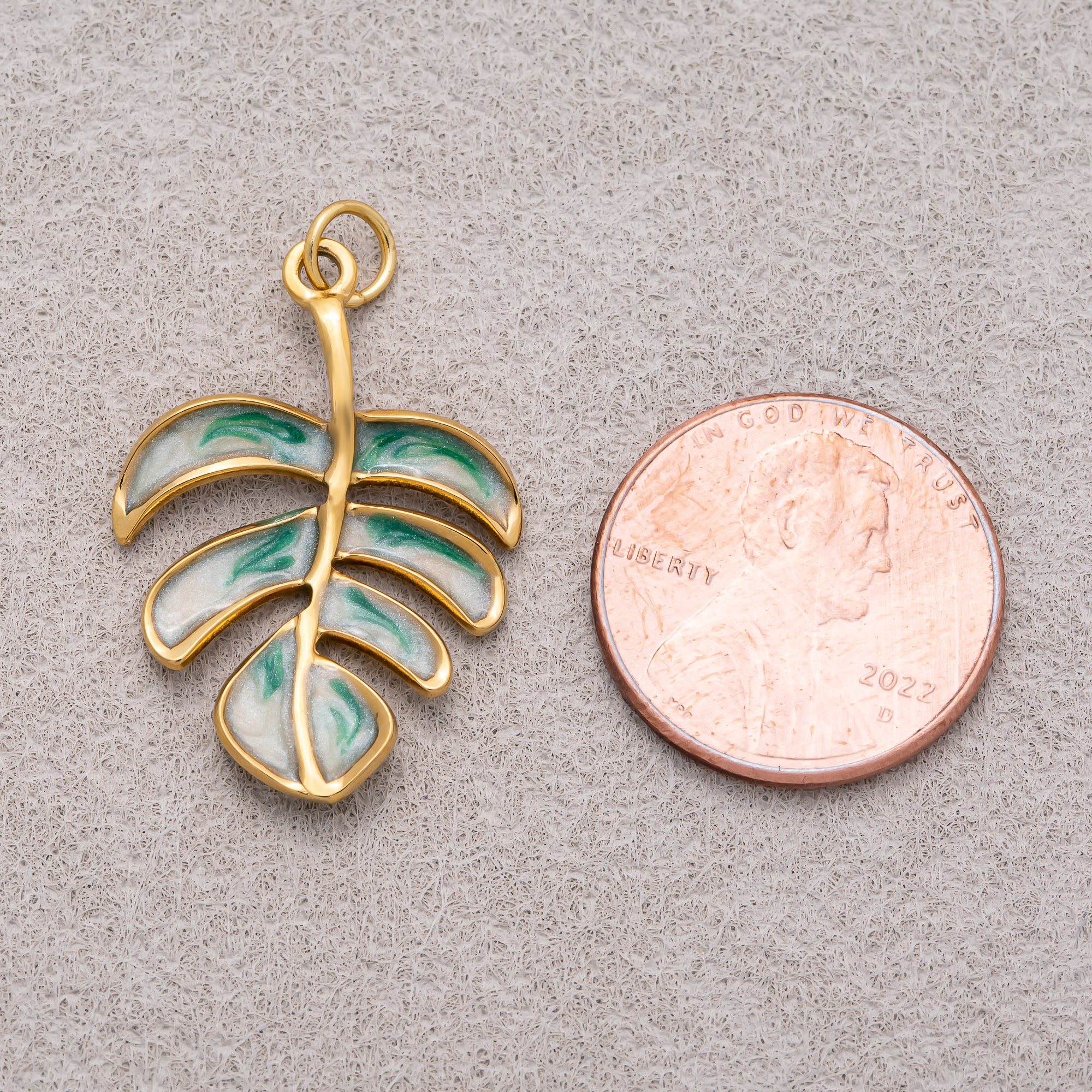 Gold PVD Stainless Steel Green Enamel Tropical Palm Tree Leaf Monstera Charm