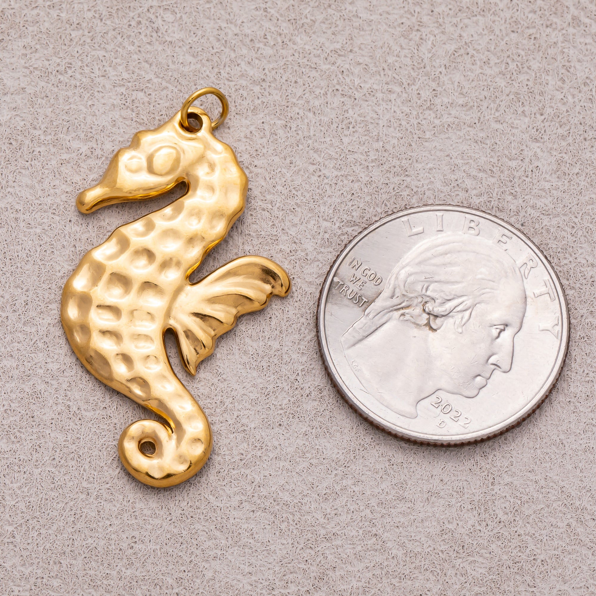 Gold PVD Stainless Steel Hammered Sea Horse Animal Pendant