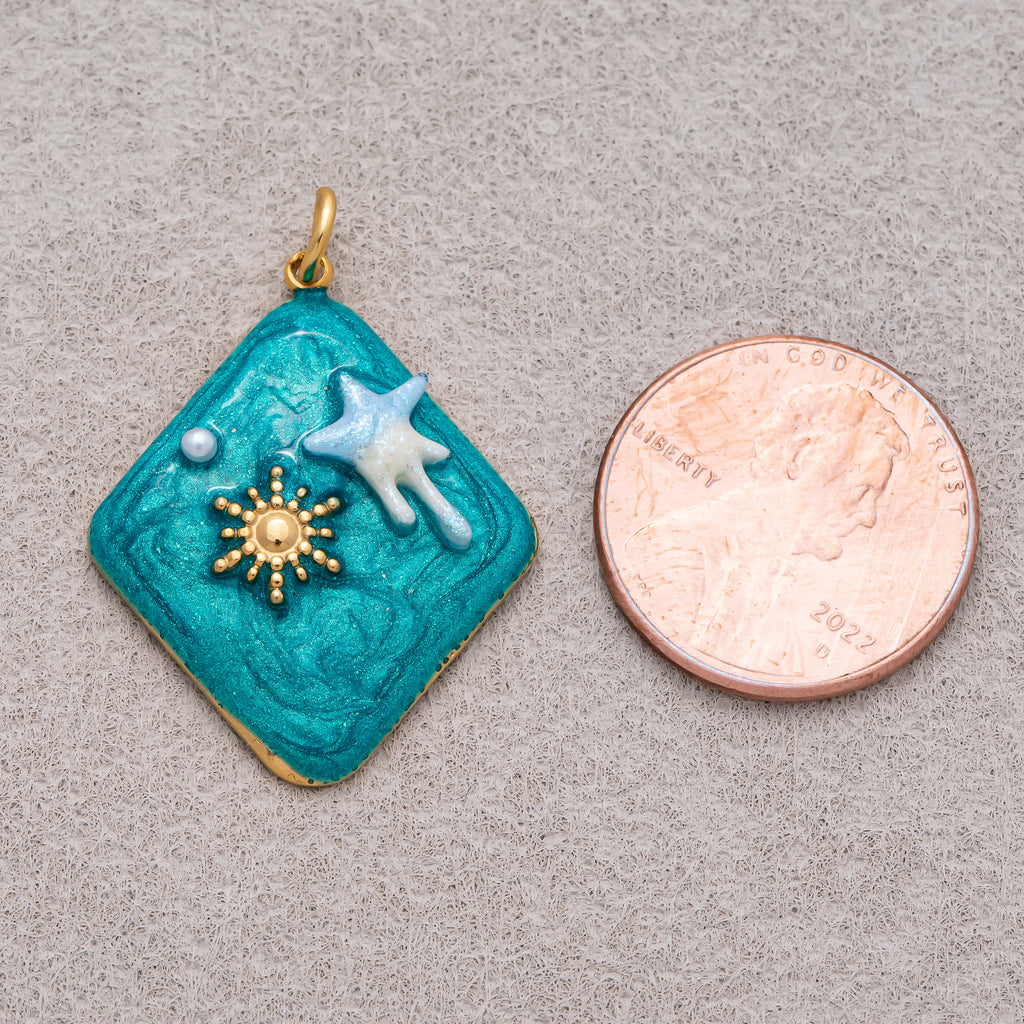 Gold PVD Stainless Steel Blue Molten Star and Sunburst Enamel Rhombus Charm
