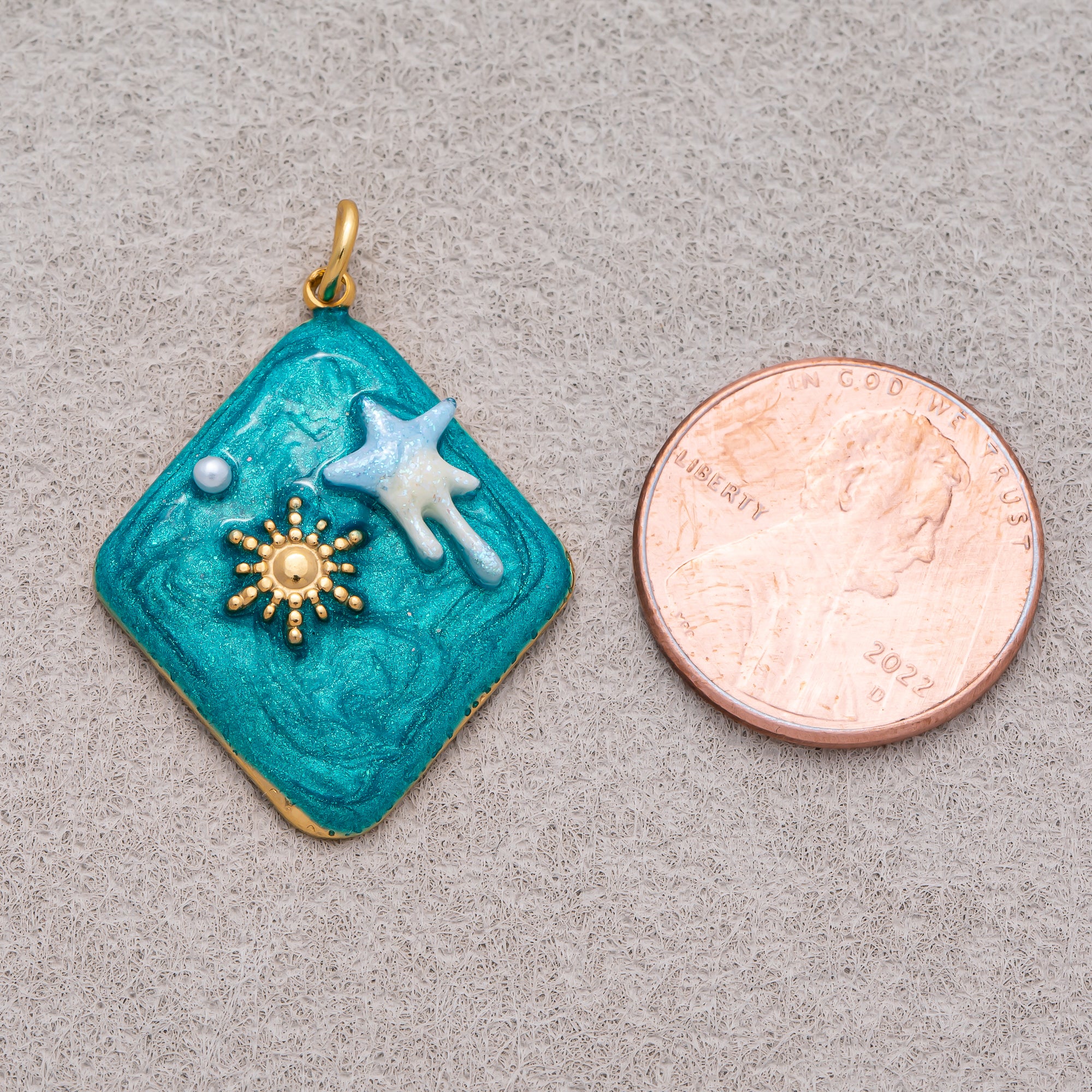 Gold PVD Stainless Steel Blue Molten Star and Sunburst Enamel Rhombus Charm