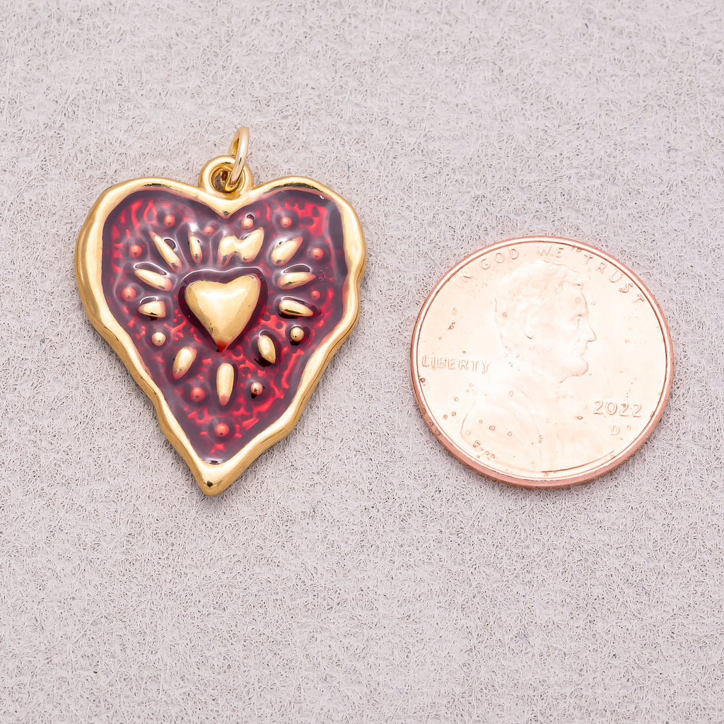Gold PVD Stainless Steel Red Enamel Shining Heart Charm
