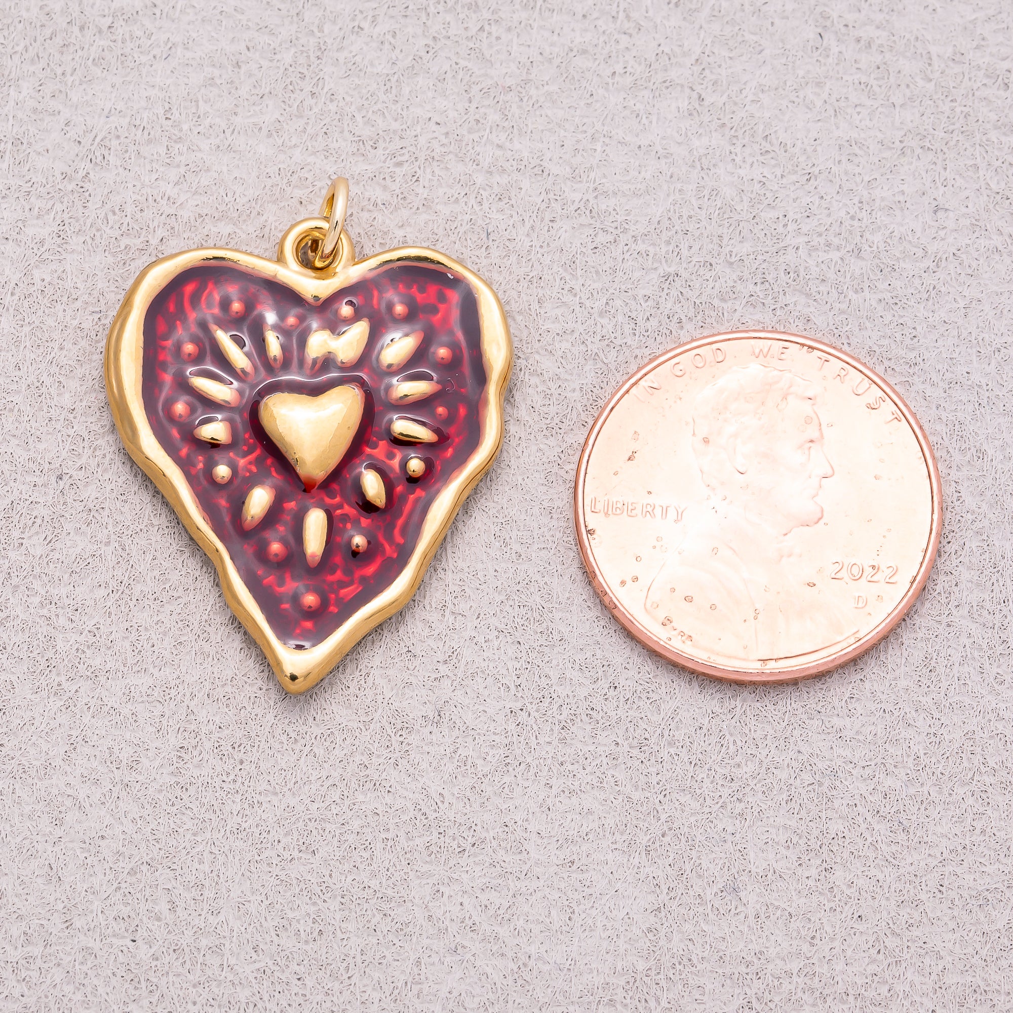 Gold PVD Stainless Steel Red Enamel Shining Heart Charm