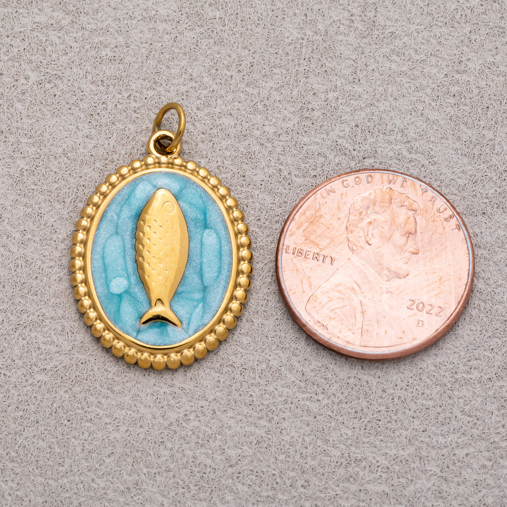 Gold PVD Stainless Steel Pink, Blue, White Enamel Fish Dotted Medallion Oval Charm