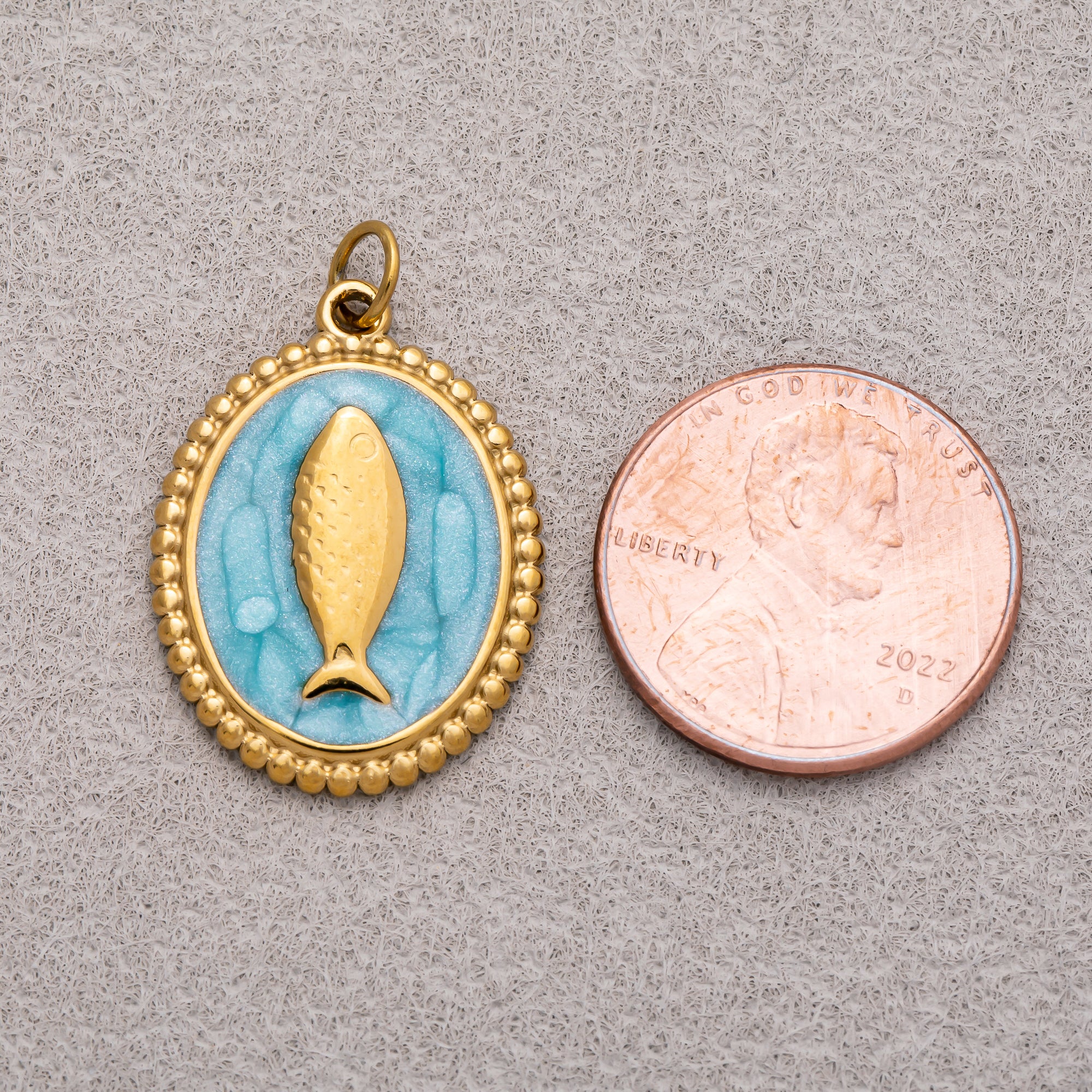 Gold PVD Stainless Steel Pink, Blue, White Enamel Fish Dotted Medallion Oval Charm