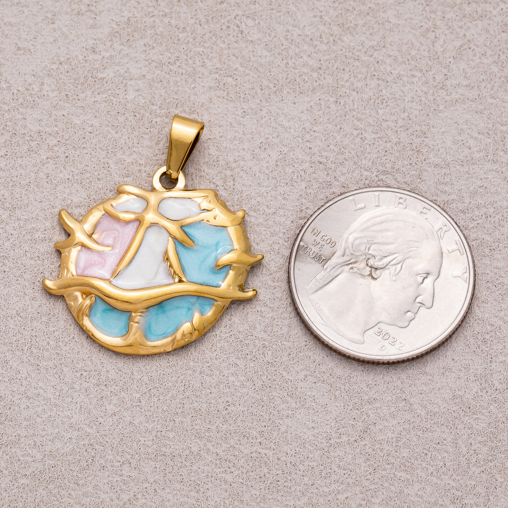 Gold PVD Stainless Steel Blue White Pink Enamel Art Under the Sea Coral Pendant