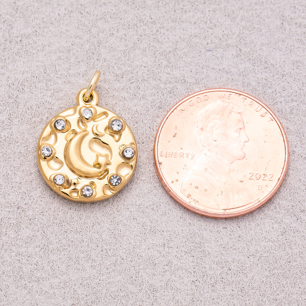 Gold PVD Stainless Steel Hammered Celestial Moon Medallion Charm