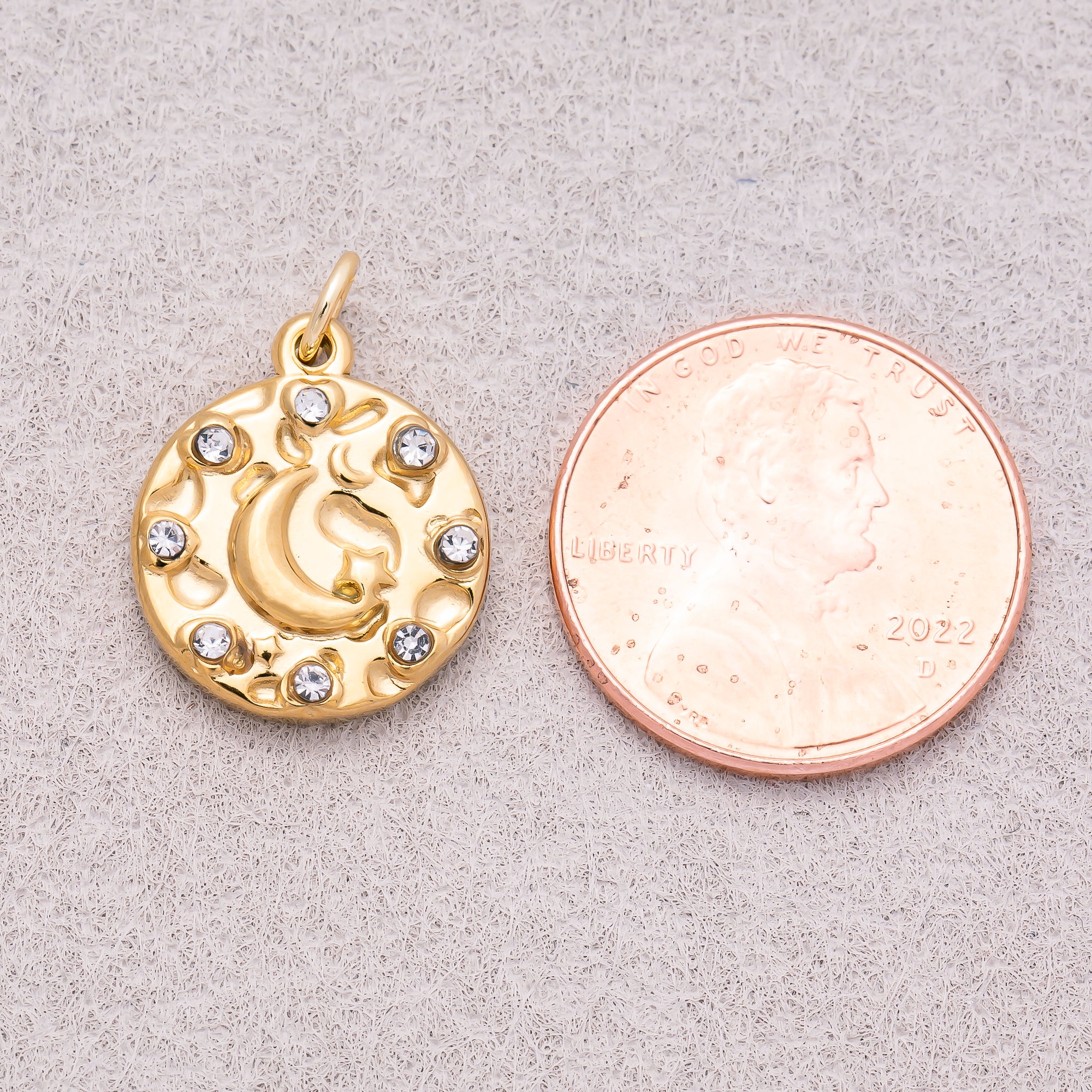 Gold PVD Stainless Steel Hammered Celestial Moon Medallion Charm