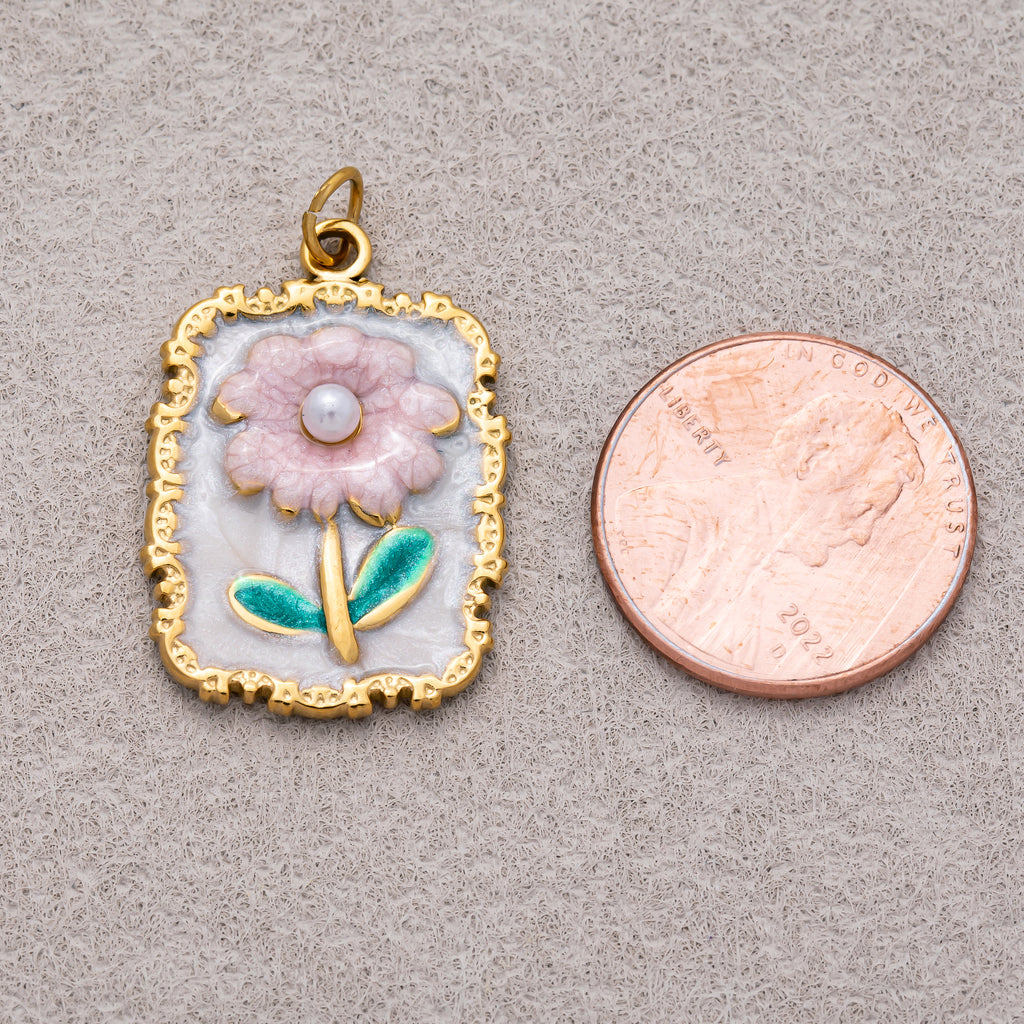 Gold PVD Stainless Steel Shell Pearl Pink Daisy Flower Enamel Tag Rectangular Charm