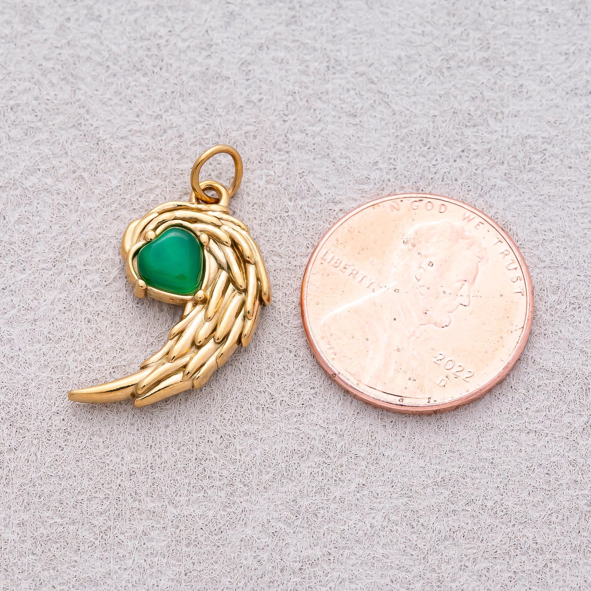 Gold PVD Stainless Steel Emerald Green Half Wings Heart Charm
