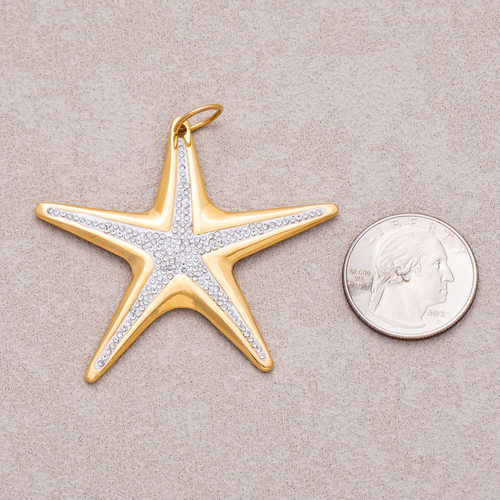 Gold PVD Stainless Steel Micro Paved CZ Ocean Big Starfish Pendant
