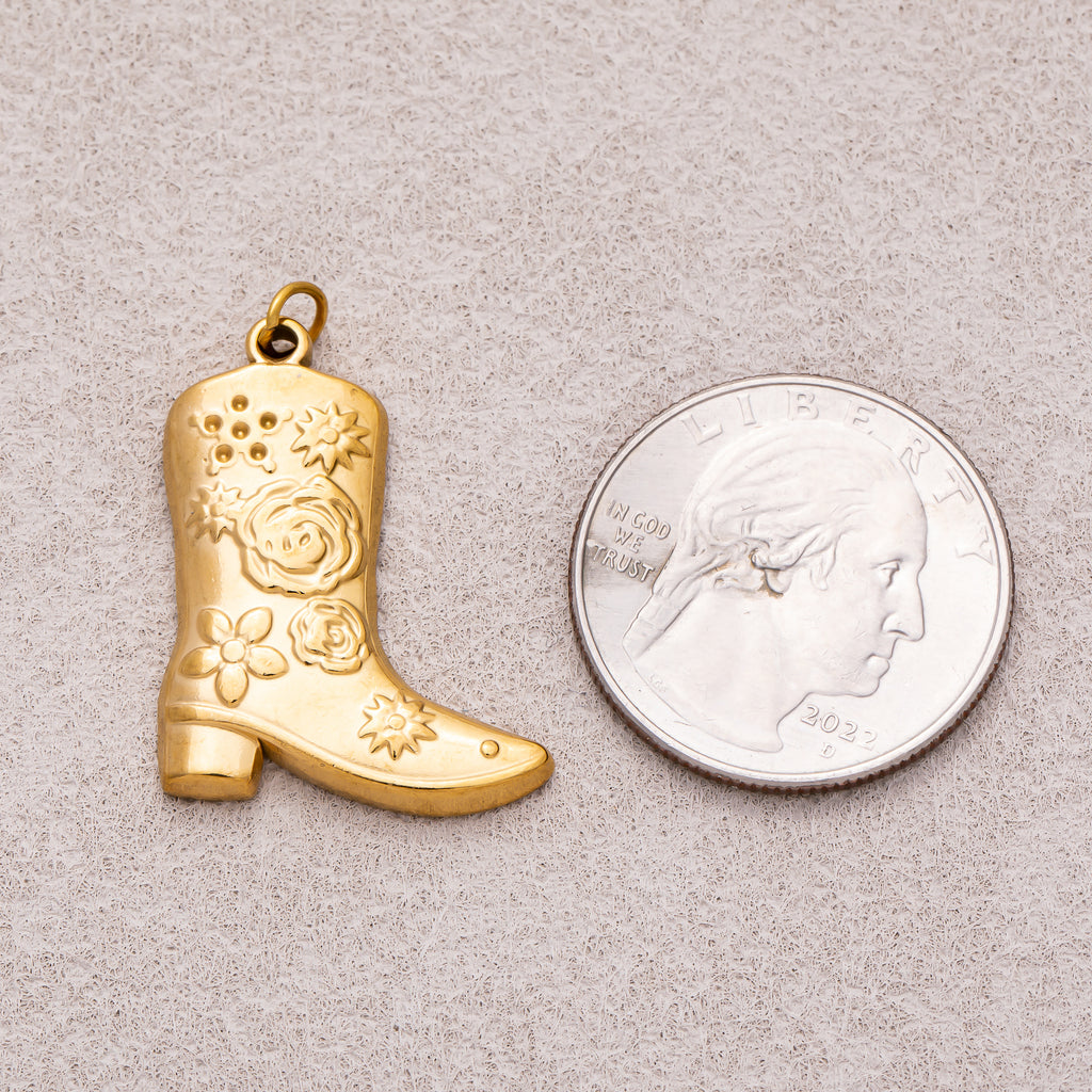 Gold PVD Stainless Steel Artisan Flower Cowboy Boots Shoes Charm