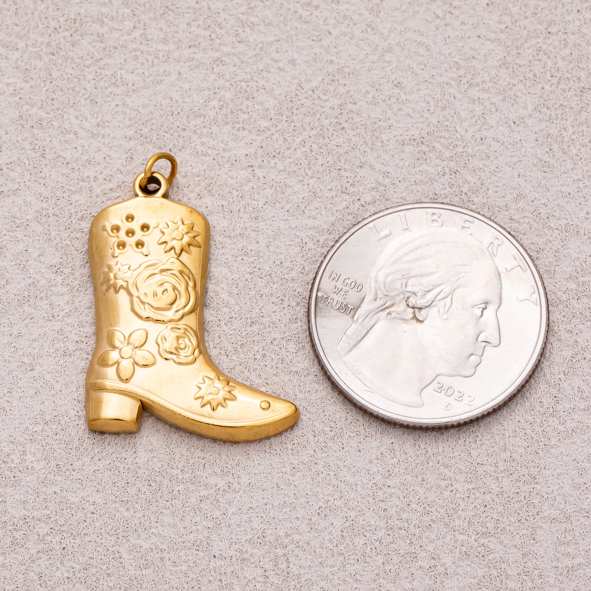 Gold PVD Stainless Steel Artisan Flower Cowboy Boots Shoes Charm
