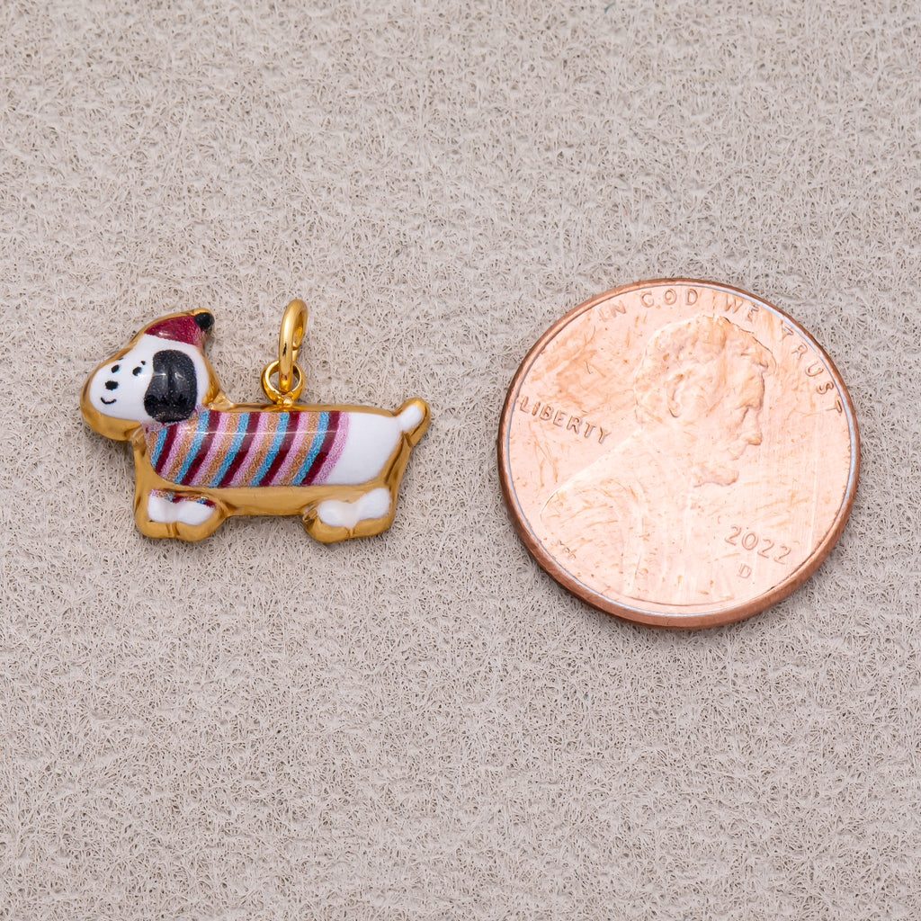 Gold PVD Stainless Steel Brown, White Puppy Pet Animal Charm