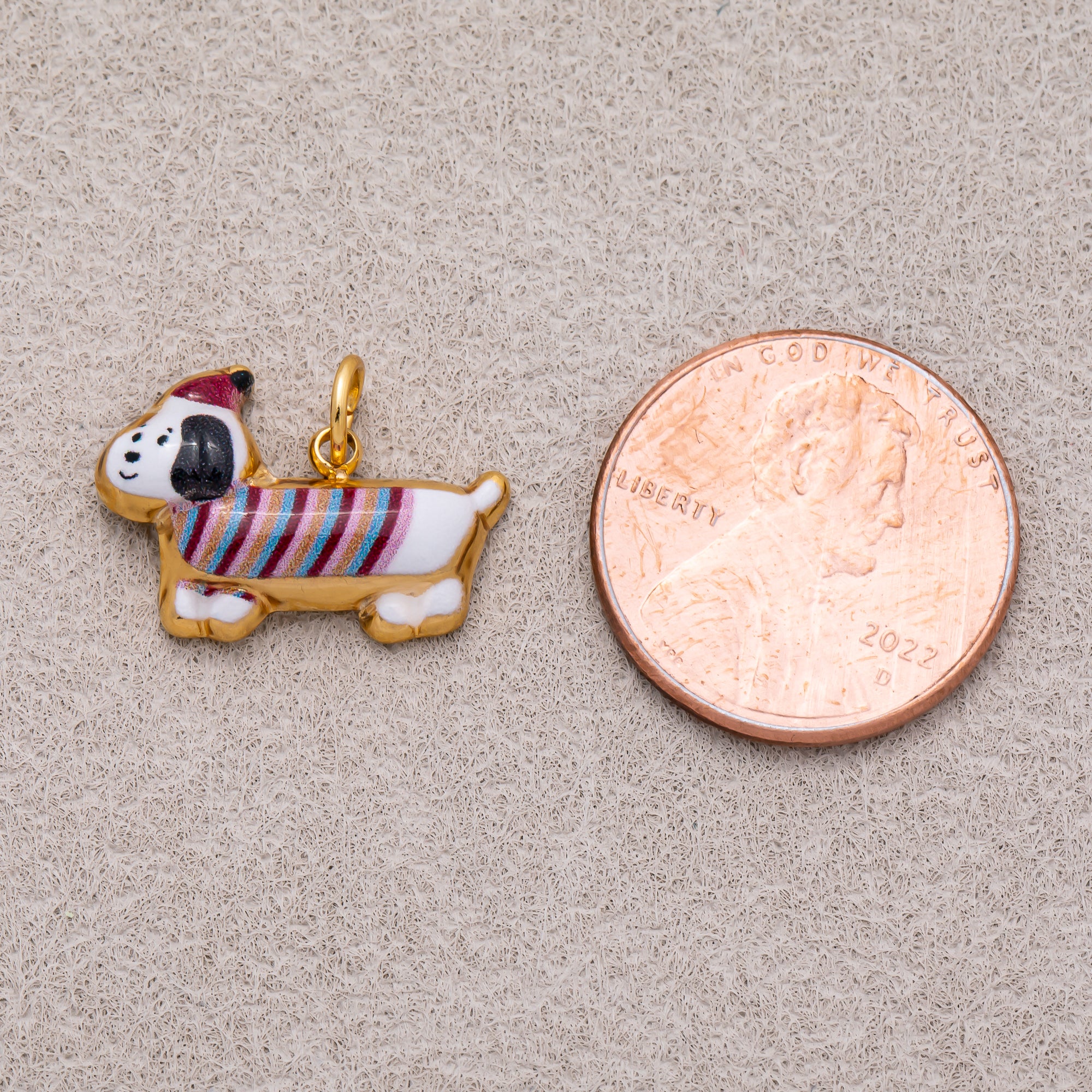 Gold PVD Stainless Steel Brown, White Puppy Pet Animal Charm