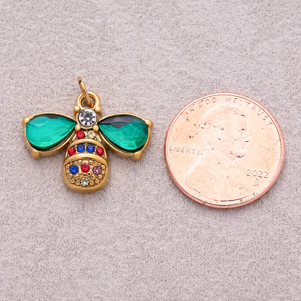 Gold PVD Stainless Steel Emerald CZ Bumble Bee Insect Charm