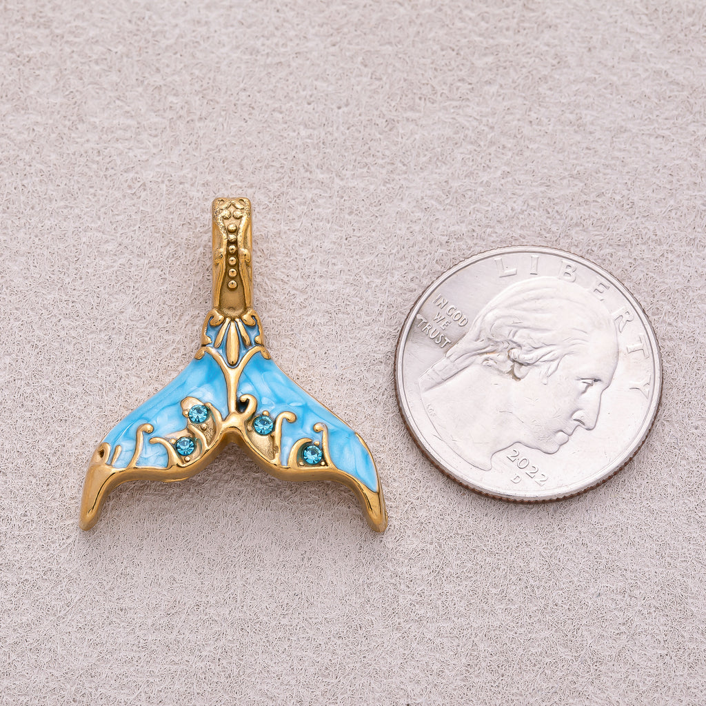 Gold PVD Stainless Steel Clear CZ Blue and White Mother of Pearl Mermaid Tail Fish Charm