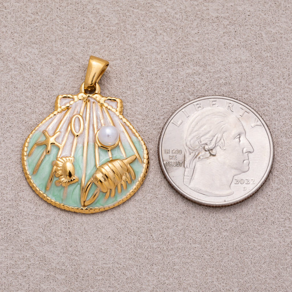 Gold PVD Stainless Steel Shell Pearl Colorful Ribbed Clam Shell Charm