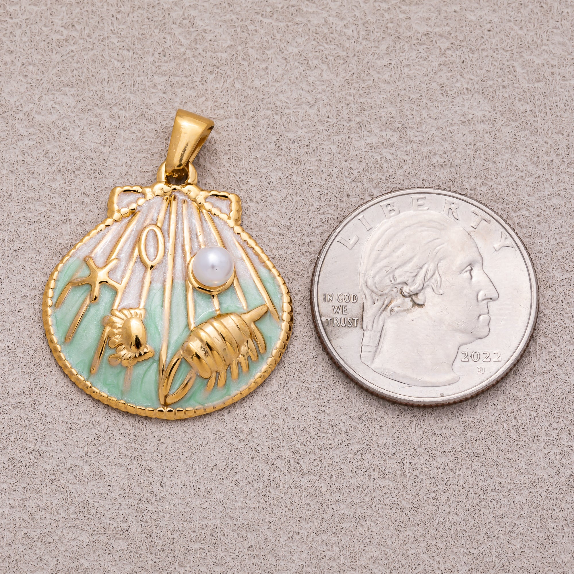 Gold PVD Stainless Steel Shell Pearl Colorful Ribbed Clam Shell Charm