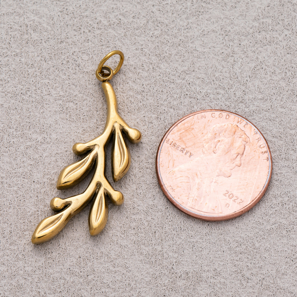 Gold PVD Stainless Steel Minimalist Branch Leaf Plant Charm