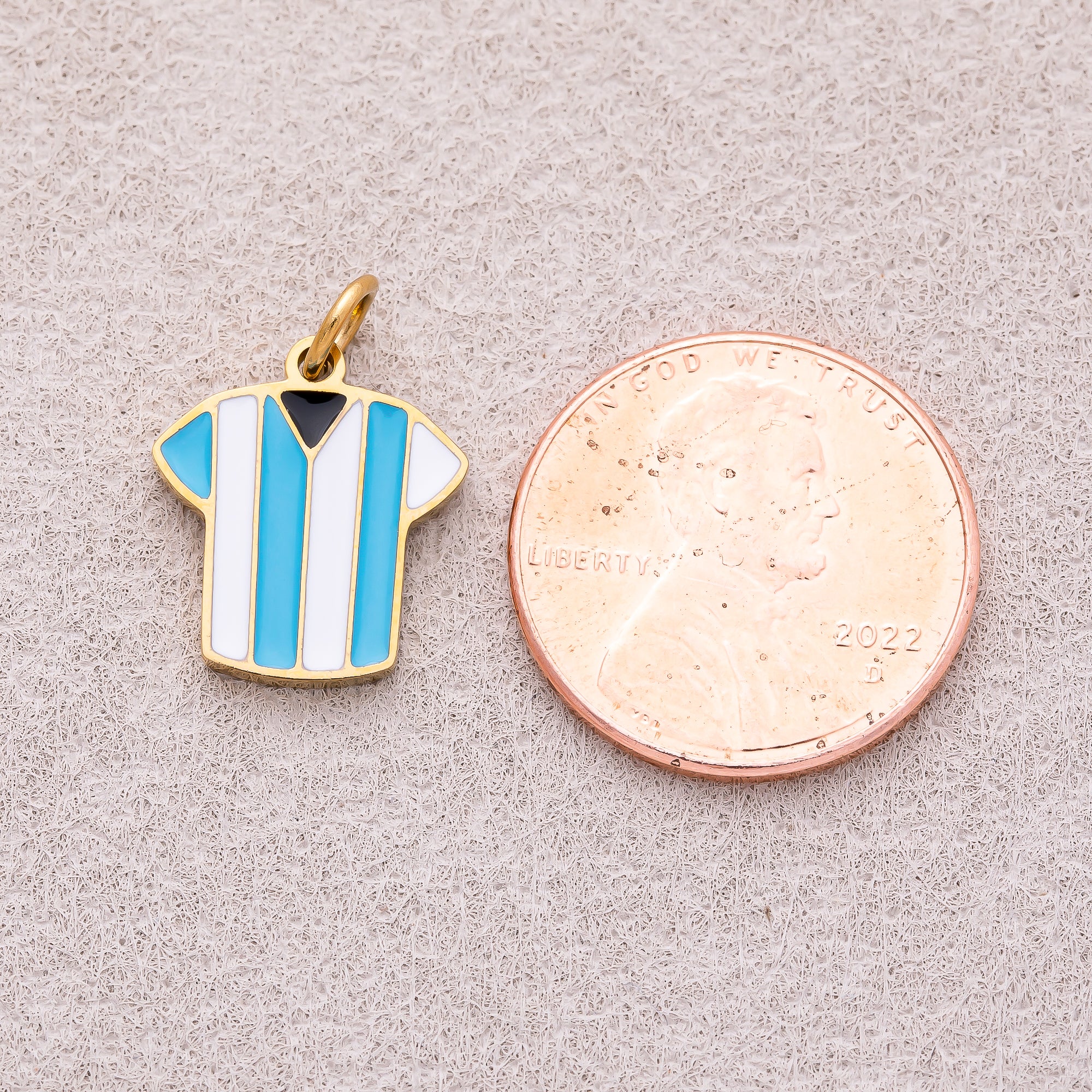 Gold PVD Stainless Steel Blue & White Enamel Soccer Jersey Sport Charm