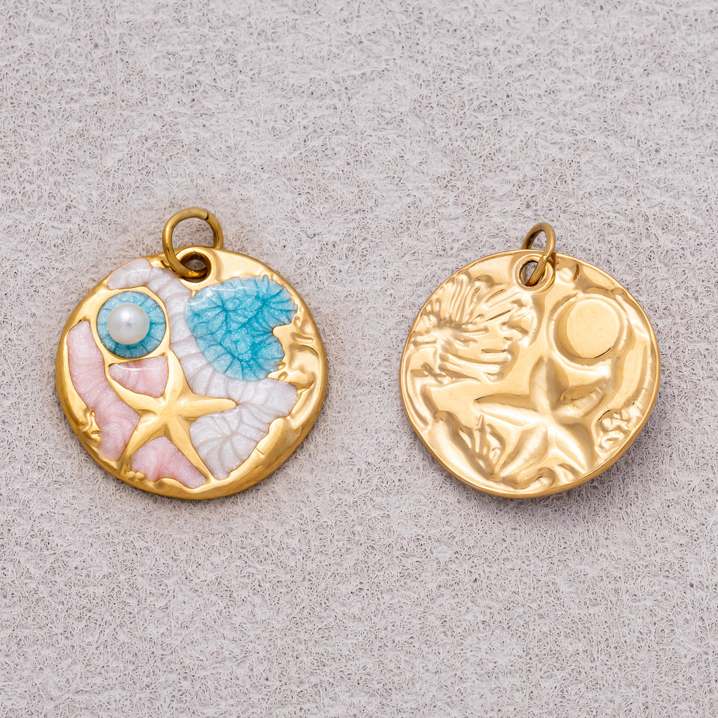 Gold PVD Stainless Steel Shell Pearl Colorful Ocean Starfish Beach Set Pendant