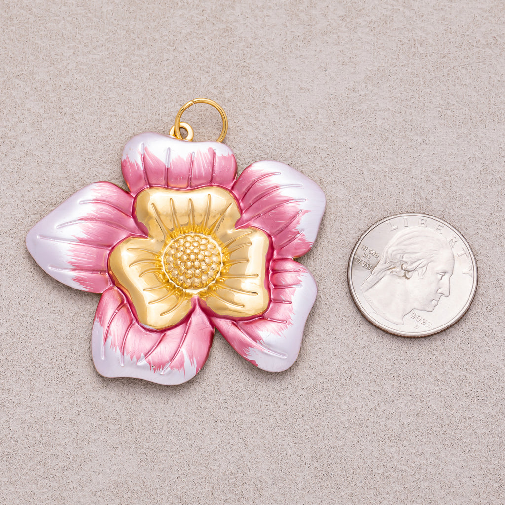 Gold PVD Stainless Steel Pink, Blue, Black Enamel Blooming Flower Charm