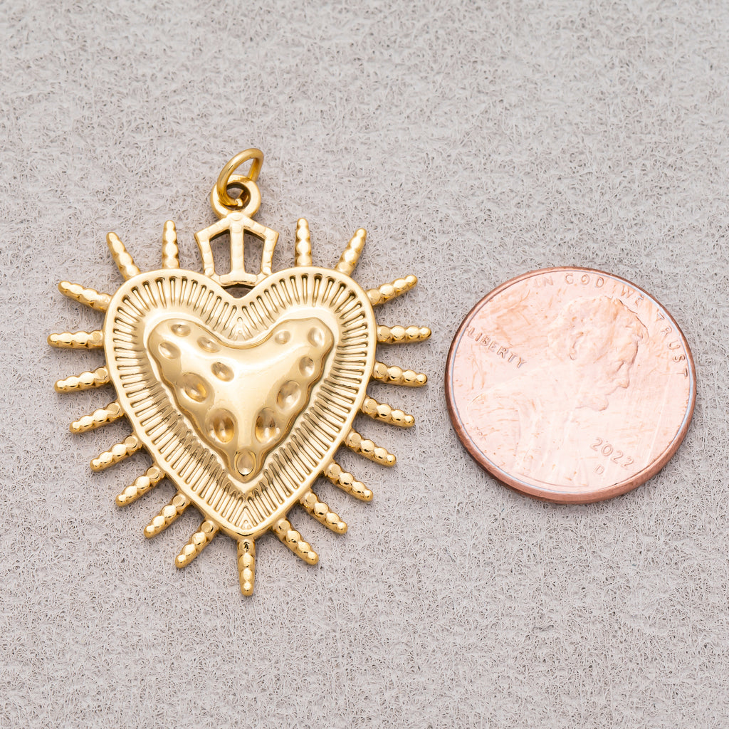 Gold PVD Stainless Steel Hammered Shield Heart Sunburst Charm