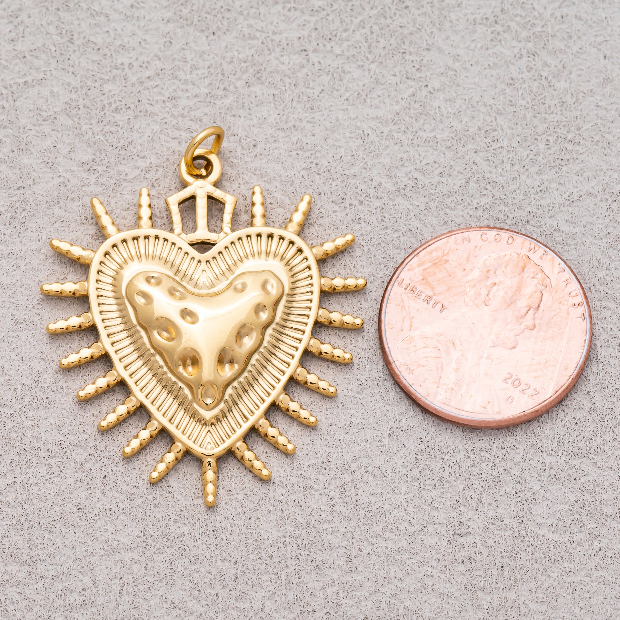 Gold PVD Stainless Steel Hammered Shield Heart Sunburst Charm