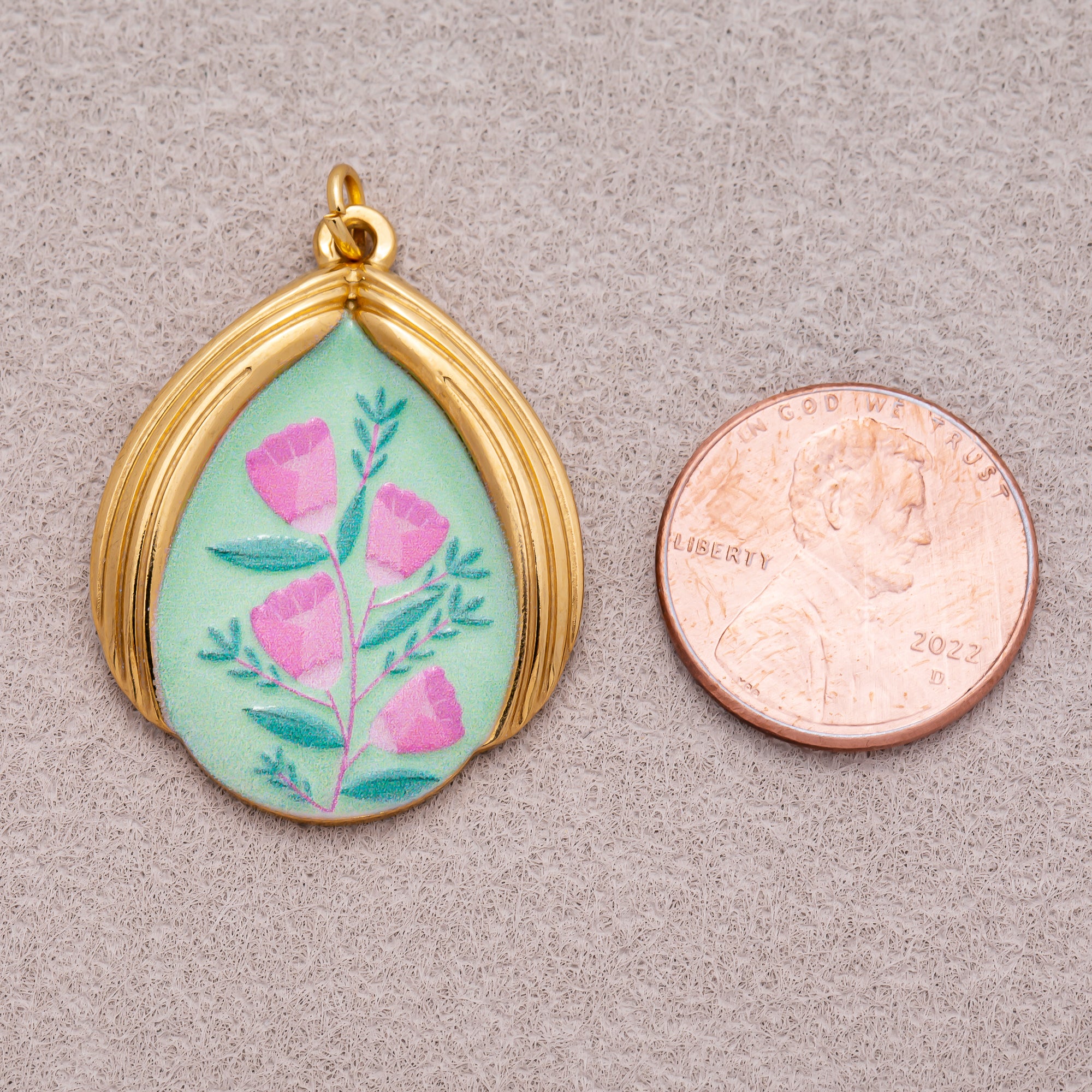 Gold PVD Stainless Steel Teardrop Floral Enamel Pendants