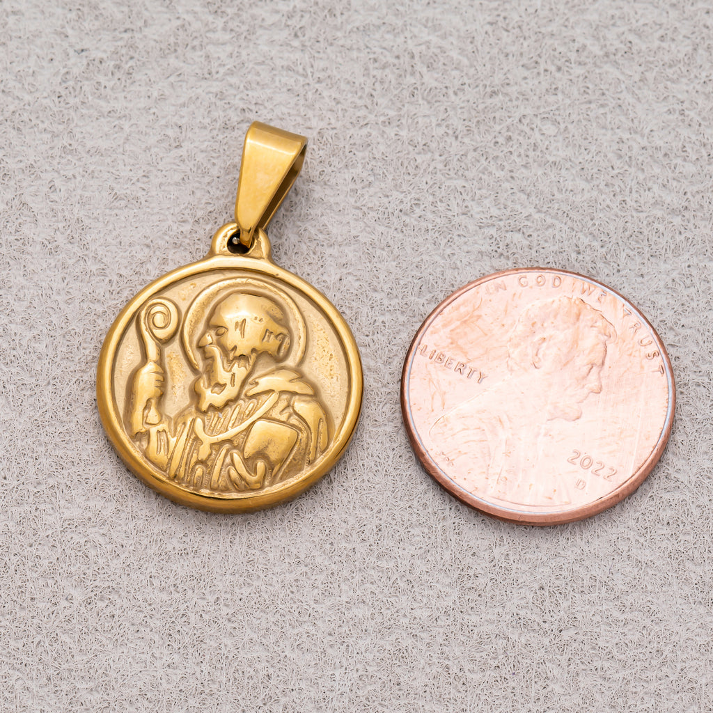 Gold PVD Stainless Steel Saint Benedict Religious Medallion Pendant Double Sided