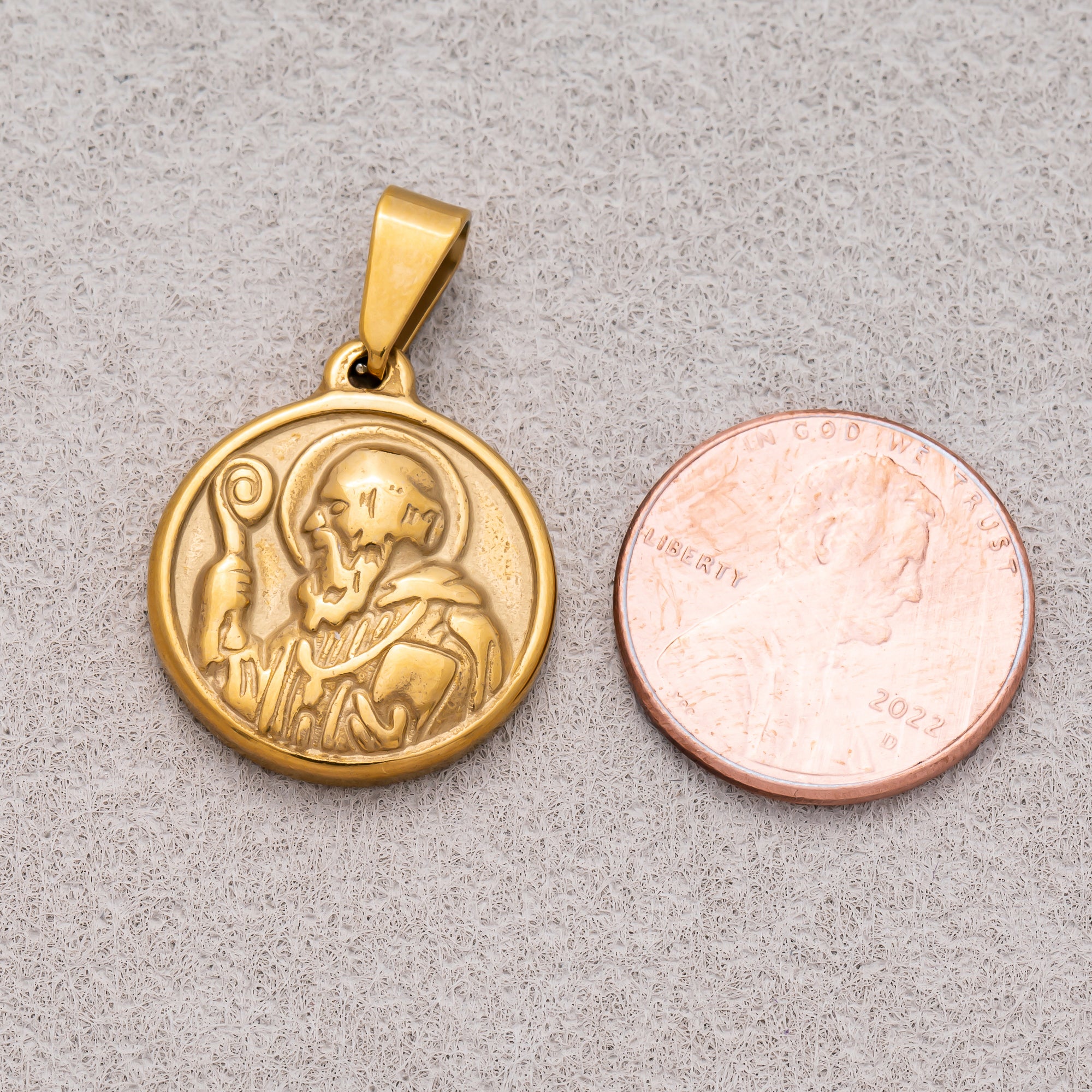 Gold PVD Stainless Steel Saint Benedict Religious Medallion Pendant Double Sided