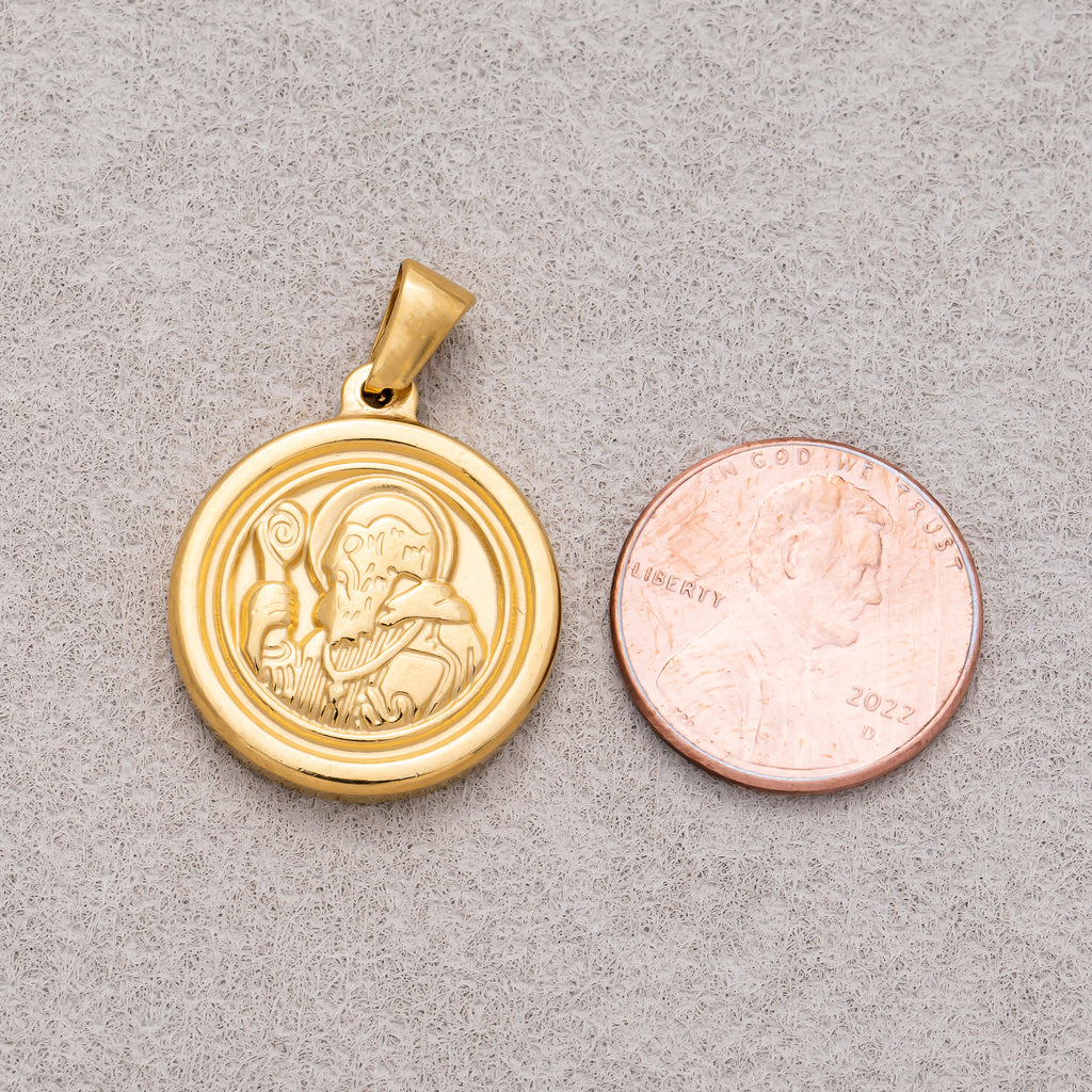 Gold PVD Stainless Steel Saint Benedict Religious Medallion Pendant