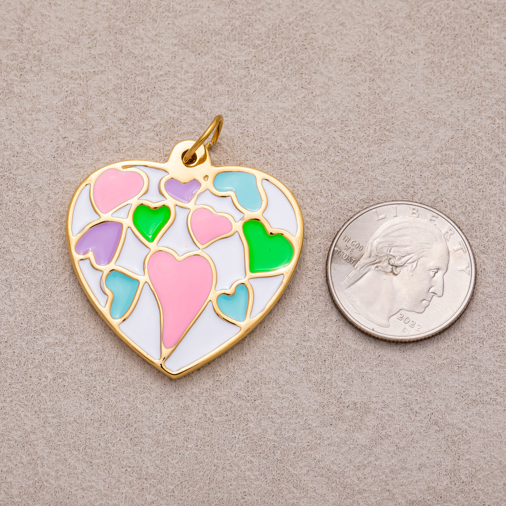 Gold PVD Stainless Steel Multi Color Mosaic Heart Enamel Pendant