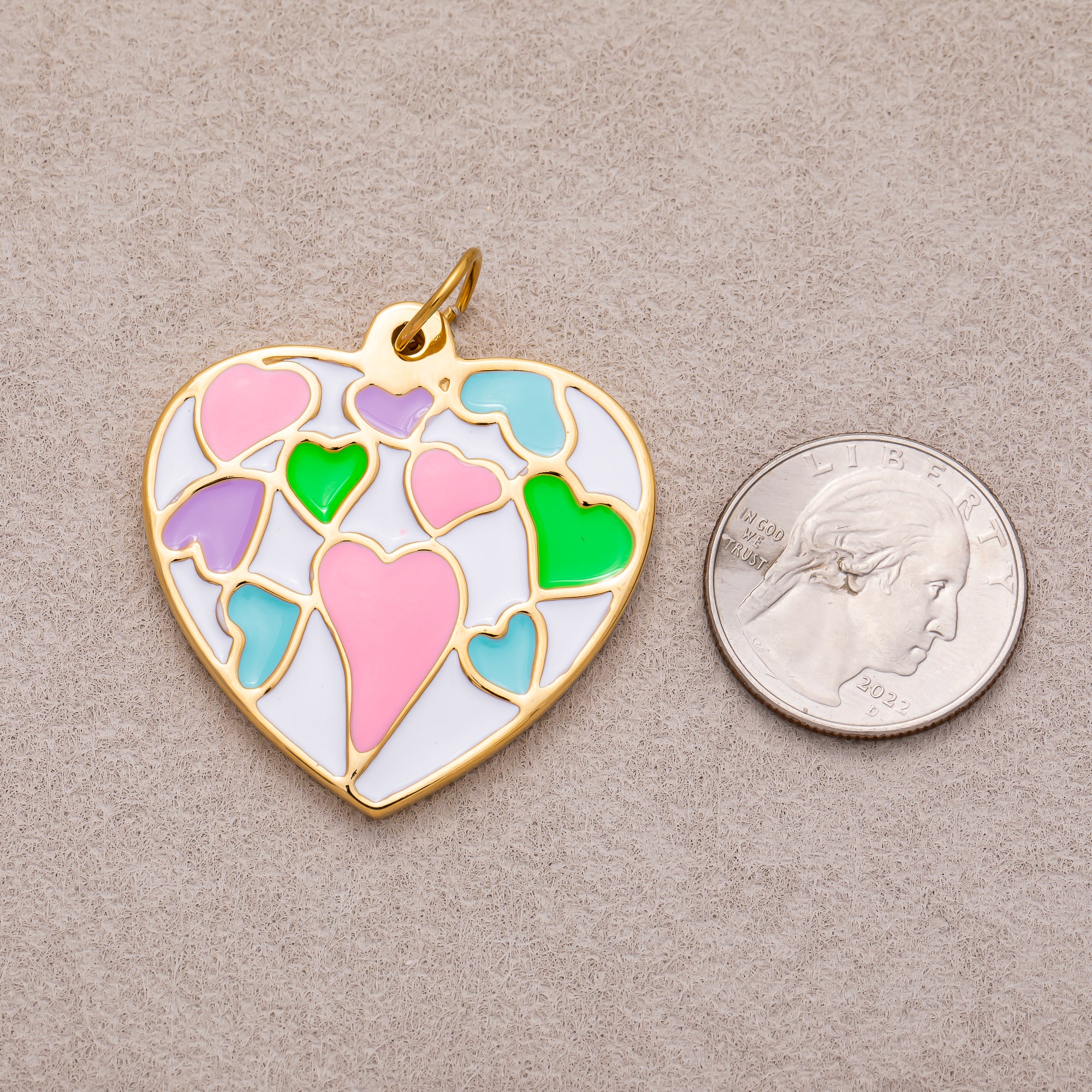 Gold PVD Stainless Steel Multi Color Mosaic Heart Enamel Pendant