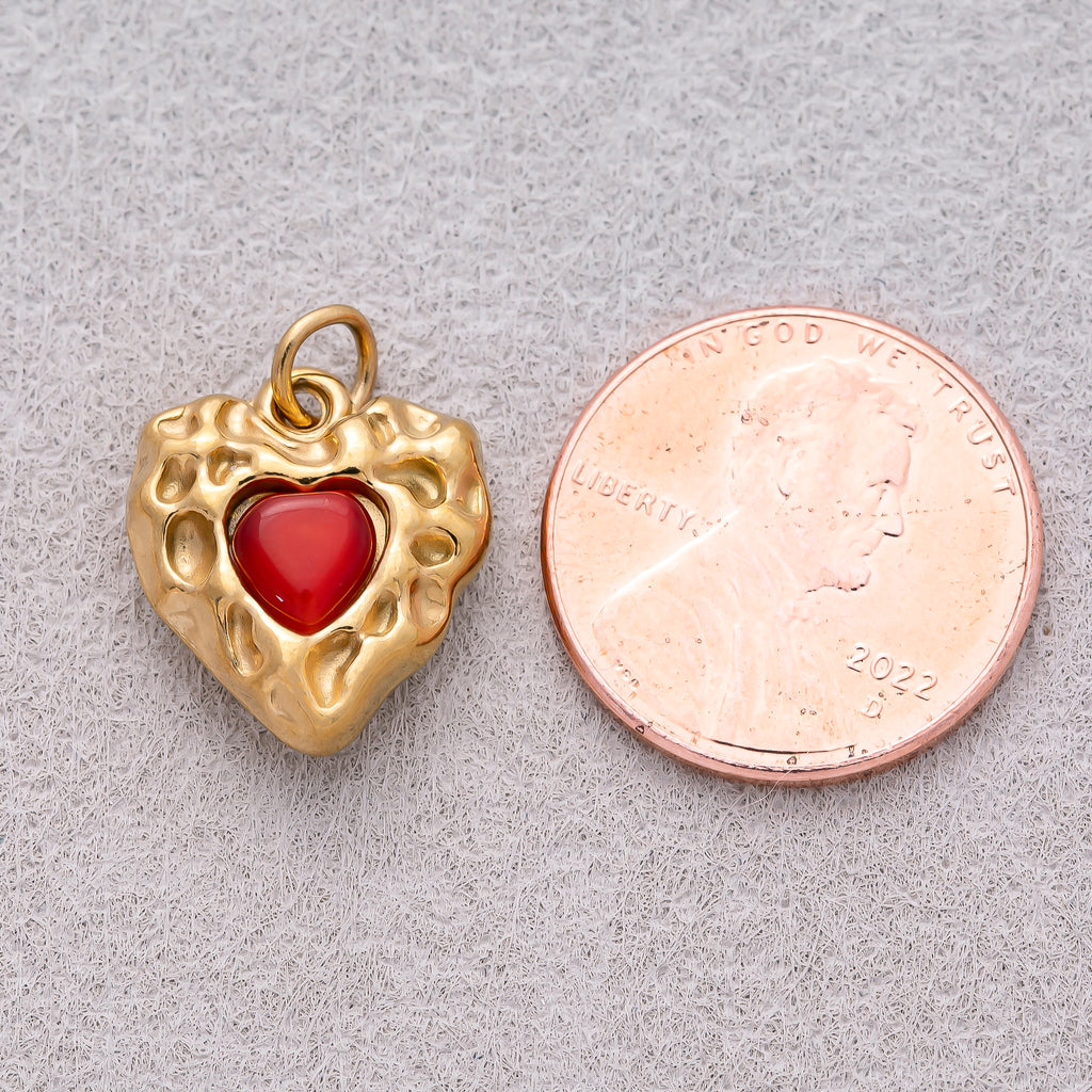 Gold PVD Stainless Steel Red Garnet Natural Gemstone Vintage Heart Charm