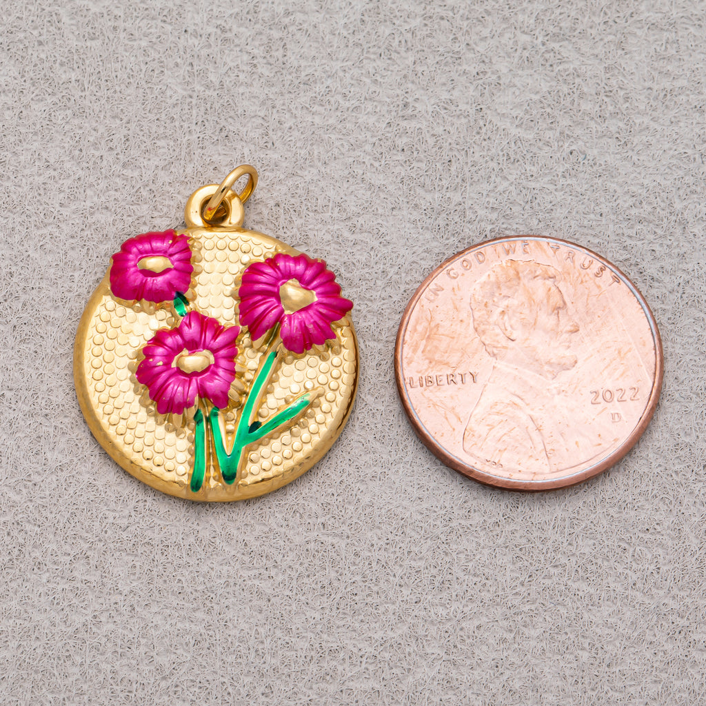Gold PVD Stainless Steel White, Fuchsia Daisy Flower Medallion Charm